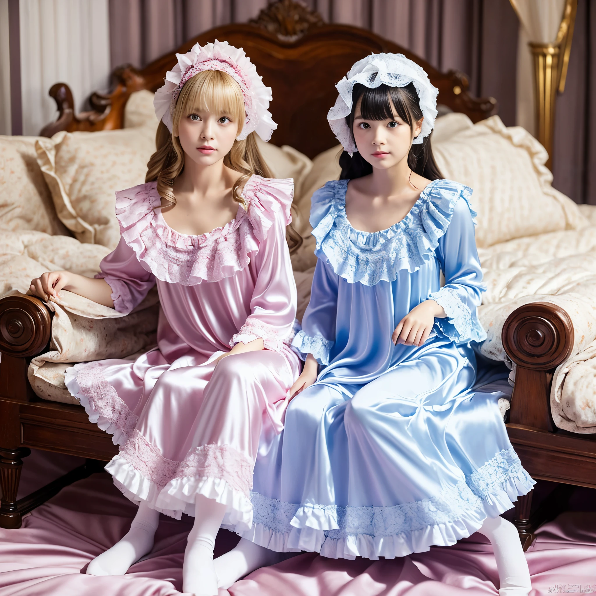 ,highest quality, masterpiece, highest resolution, artwork, super それにget used to it, many get used to it, get used to it, それにget used to it, 3K realistic photos,,((10 year old little girls)),Super detailed baby face,both are princesses,detailed luxury tiara,ruffled yoke collar,Detailed braided ribbon on chest,puff sleeves,long sleeve,((ロリータスタイルのホットピンクのロングスカートのワンピースのpajamas、Comes with lots of frills and ribbons。)),crazy'colorful fashion,光沢のあるシルクサテンのpajamas,1920s style nightgowns,headdress with frills and ribbons,soft and smooth silk satin fabric,luxury,Very long blonde hair,blue eyes,white skin european,pajamas,fine white frills and lace,Super long hair that is as tall as your body,white long socks,drawers with lots of frills,castle bedroom at night,Super long flowing hair,Luxurious giant canopy king size bed,Pink pillow with lots of frills,Silk satin pink curtains with luxurious ruffles and ribbons surround the bed,princess sitting on bed,lots of pillows piled up on the bed,(((Both legs are completely hidden inside the dress.))),((((round futon)))),((((A large ruffled futon that covers the entire bed)))),detailed comforter,Detailed bed sheets,bed skirt with ruffles,Deep bed,background with depth,pajamasパーティー,