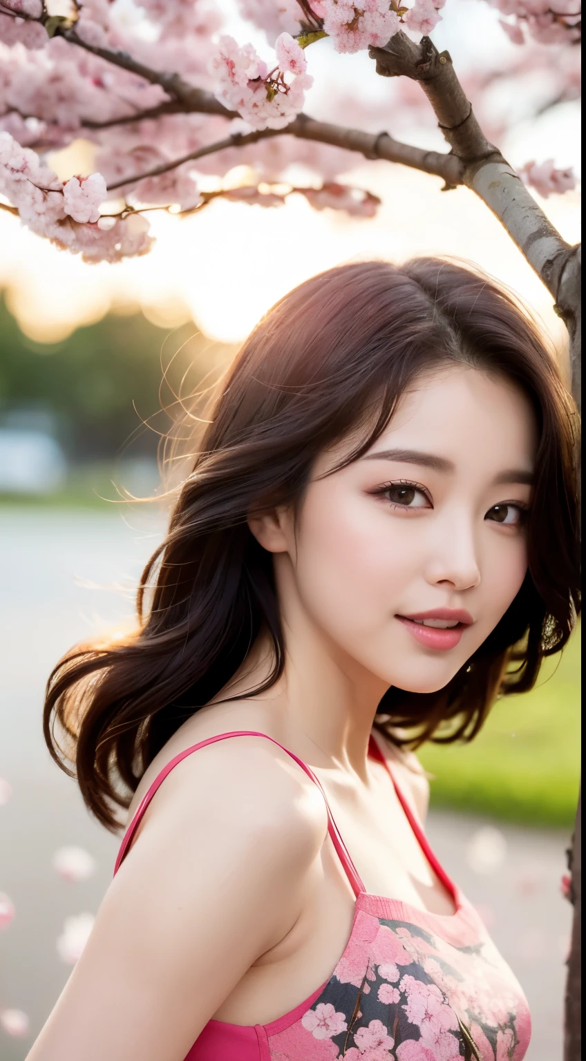 Mustepiece, top quality, illustration, ultra-definition, fine details, high resolution, 8K wallpaper, perfect dynamic composition, beautiful detailed eyes, wearing a dress, natural colored lips, random cute pose, perfect and beautiful face, cute, sexy face, sunset, ??????? face, feminine face, (cherry blossoms, cherry blossoms, falling cherry blossom petals, cherry blossom blizzard, falling petals), waving in the wind Hair, hair fluttering, pink cherry blossoms, petals dancing, cherry blossom snowstorm, wonderful scenery, sunrise, background sun, wind,