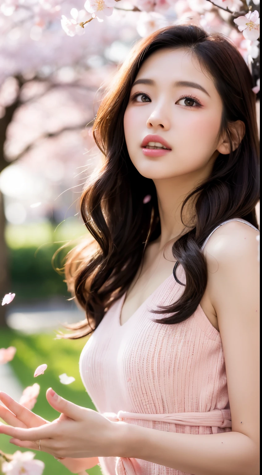 Mustepiece, top quality, illustration, ultra-definition, fine details, high resolution, 8K wallpaper, perfect dynamic composition, beautiful detailed eyes, wearing a dress, natural colored lips, random cute pose, perfect and beautiful face, cute, sexy face, sunset, ecstasy face, feminine face, (cherry blossoms, cherry blossoms, falling cherry blossom petals, cherry blossom blizzard, falling petals), waving in the wind Hair, hair fluttering, pink cherry blossoms, petals dancing, cherry blossom snowstorm, wonderful scenery, sunrise, background sun, wind,