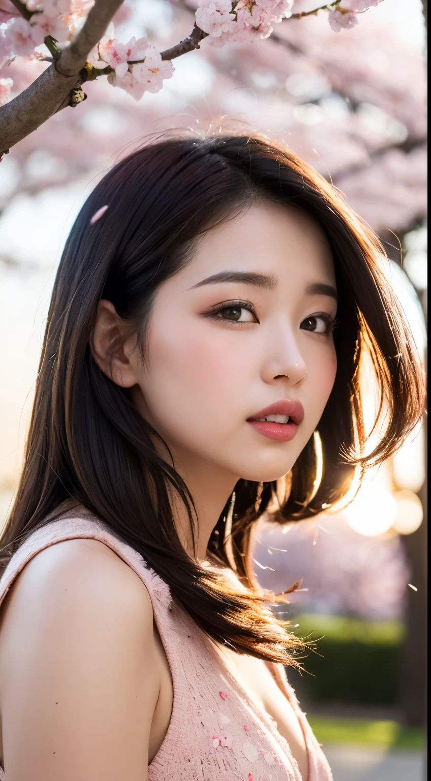 Mustepiece, top quality, illustration, ultra-definition, fine details, high resolution, 8K wallpaper, perfect dynamic composition, beautiful detailed eyes, wearing a dress, natural colored lips, random cute pose, perfect and beautiful face, cute, sexy face, sunset, ecstasy face, feminine face, (cherry blossoms, cherry blossoms, falling cherry blossom petals, cherry blossom blizzard, falling petals), waving in the wind Hair, hair fluttering, pink cherry blossoms, petals dancing, cherry blossom snowstorm, wonderful scenery, sunrise, background sun, wind,