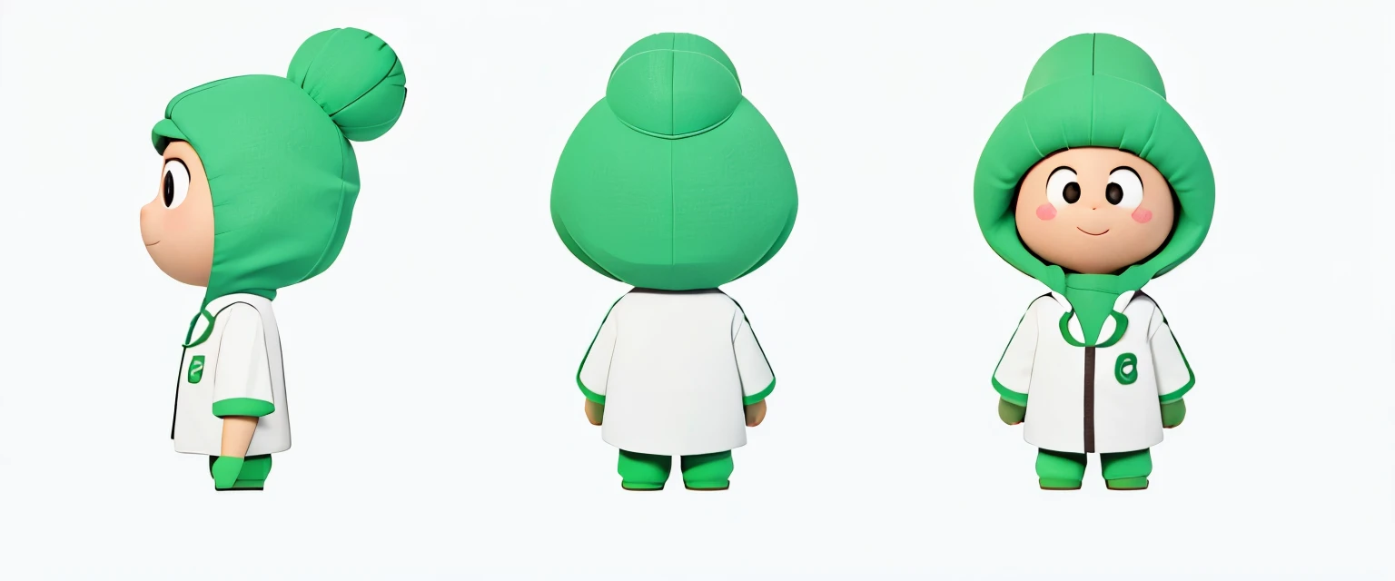 mascot，3d，Three View，cute，wearing green clothes，Wearing a green hood，8k，c4d，high resolution，HD，White background，