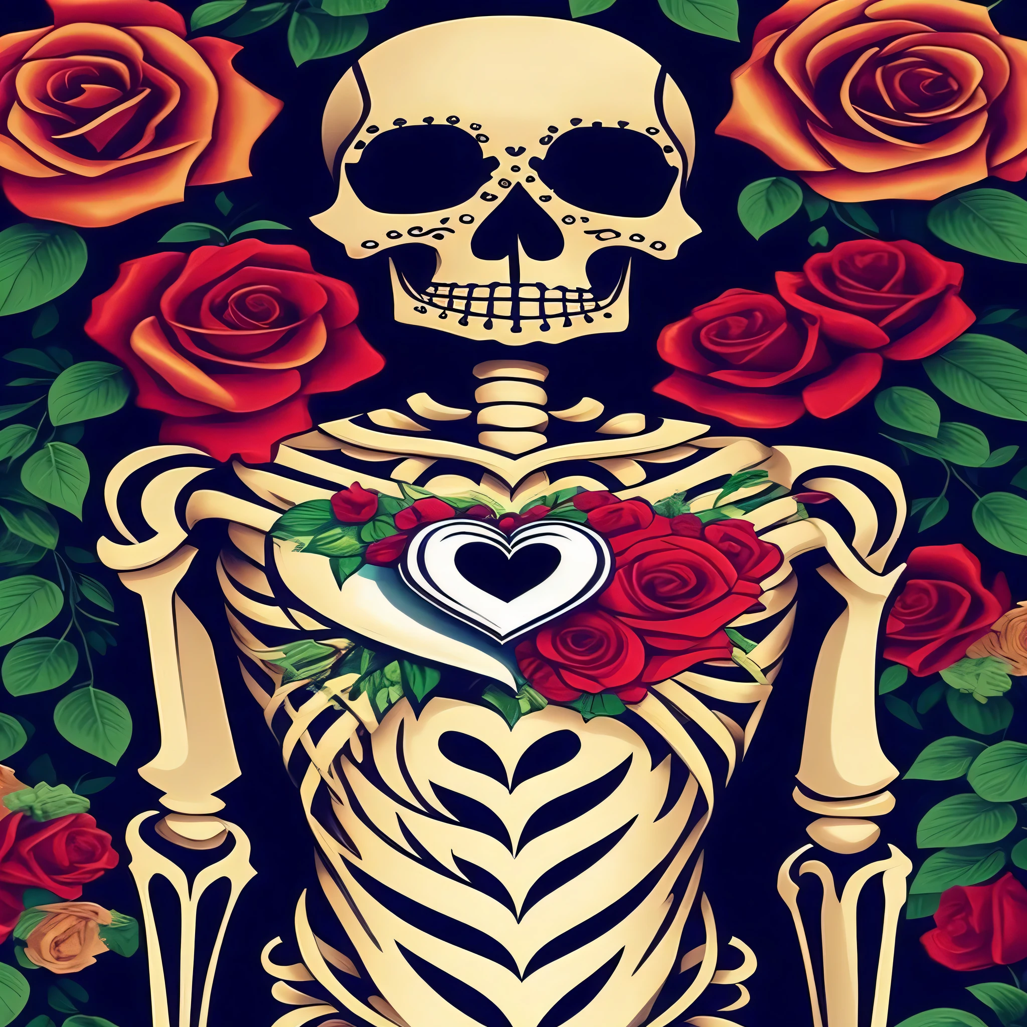 Skeleton with a heart on the chest,surrounded by roses, day of death!, Jour des morts, Love and death, day of death. 8K, day of death!!, day of death, (day of death), ( day of death ), celebrating day of death, day of death