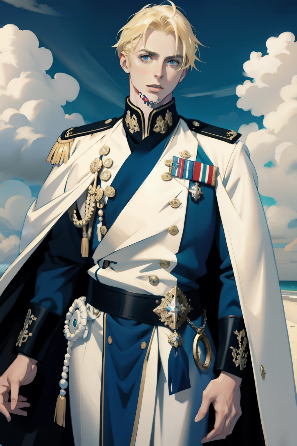 (masterpiece, best quality), 1 male, mature, aged up:1.4, tall muscular guy, broad shoulders, finely detailed eyes and detailed face, extremely detailed CG unity 8k wallpaper, intricate details, Fantasy, royal, nobleman, Admiral, short hair, blonde hair, blue eyes, fleet commander, navy, commander, white uniform, ocean, cloudy sky, wave