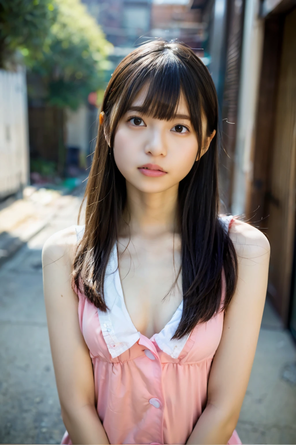 asuka, solo, 1girl, an 18-years-old japanese woman, close mouth, looking at viewer, (best quality, masterpiece, photo-realistic:1.3), 8K High definition, beautiful and detailed face, (realistic:1.3), dramatic lighting, sexy pose, ((in the alley, depth of field)), (tiny breasts, small breasts, flat chest, child-like breasts:1.4), (full frontal, open clothes:1.3),