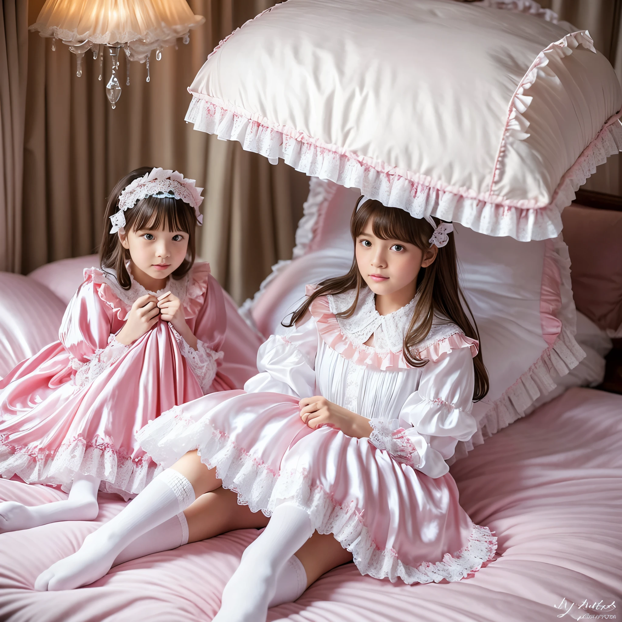 ,highest quality, masterpiece, highest resolution, artwork, super それにget used to it, many get used to it, get used to it, それにget used to it, 3K realistic photos,,((10 year old little girls)),Super detailed baby face,both are princesses,detailed luxury tiara,ruffled yoke collar,Detailed braided ribbon on chest,puff sleeves,long sleeve,((ロリータスタイルのホットピンクのロングスカートのワンピースのpajamas、Comes with lots of frills and ribbons。)),crazy'colorful fashion,光沢のあるシルクサテンのpajamas,1920s style nightgowns,headdress with frills and ribbons,soft and smooth silk satin fabric,luxury,Very long blonde hair,blue eyes,white skin european,pajamas,fine white frills and lace,Super long hair that is as tall as your body,white long socks,drawers with lots of frills,castle bedroom at night,Super long flowing hair,Above the luxurious and huge canopy king size bed,Pink pillow with lots of frills,Silk satin pink curtains with luxurious ruffles and ribbons surround the bed,princess sitting on bed,lots of pillows piled up on the bed,(((Both legs are completely hidden inside the dress.))),((((round futon)))),((((A large ruffled futon that covers the entire bed)))),detailed comforter,Detailed bed sheets,bed skirt with ruffles,Deep bed,background with depth,pajamasパーティー,