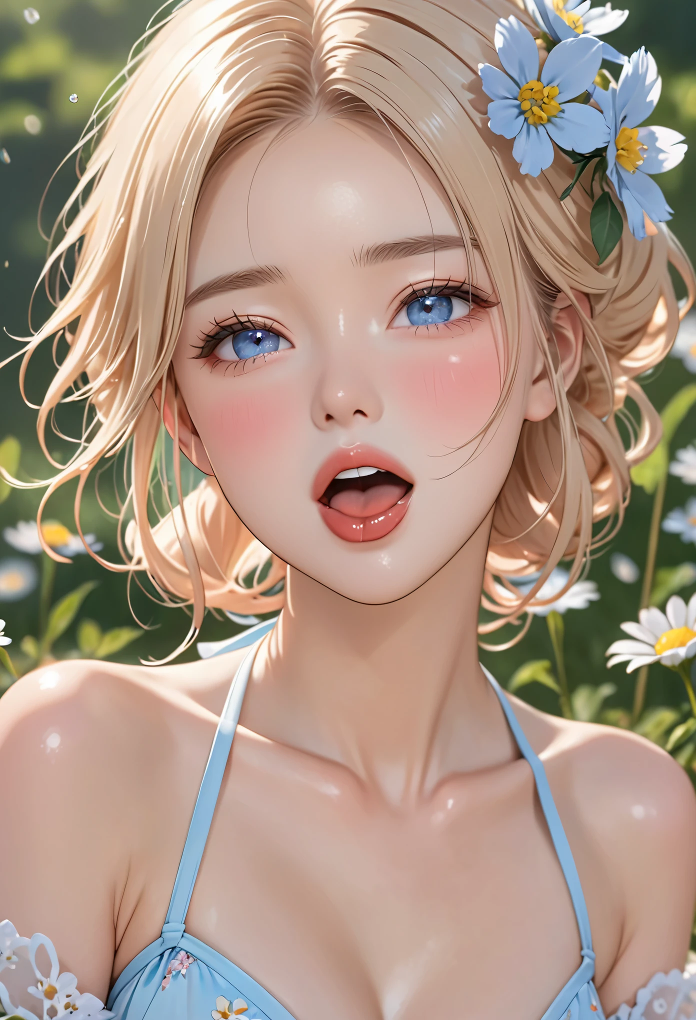 1 girl, alone, elegant hair (whole body: 1.1), (looking at the audience: 1.1), young african boy, tight little bikini, Wild flowers swaying in the breeze, Movie , Sweet_ta, best quality, masterpiece, blond, blue eyes. Open your Mouth,,Exquisite Mouth,((Ejaculation in the Mouth)),Exquisite,Mouth,The facial details are very rich,blush,Skin is moist and shiny,normal tongue,Don't stick out your tongue,粉紅色的Mouth唇,delicate lips, ((all over face, Mouth and cheeks))