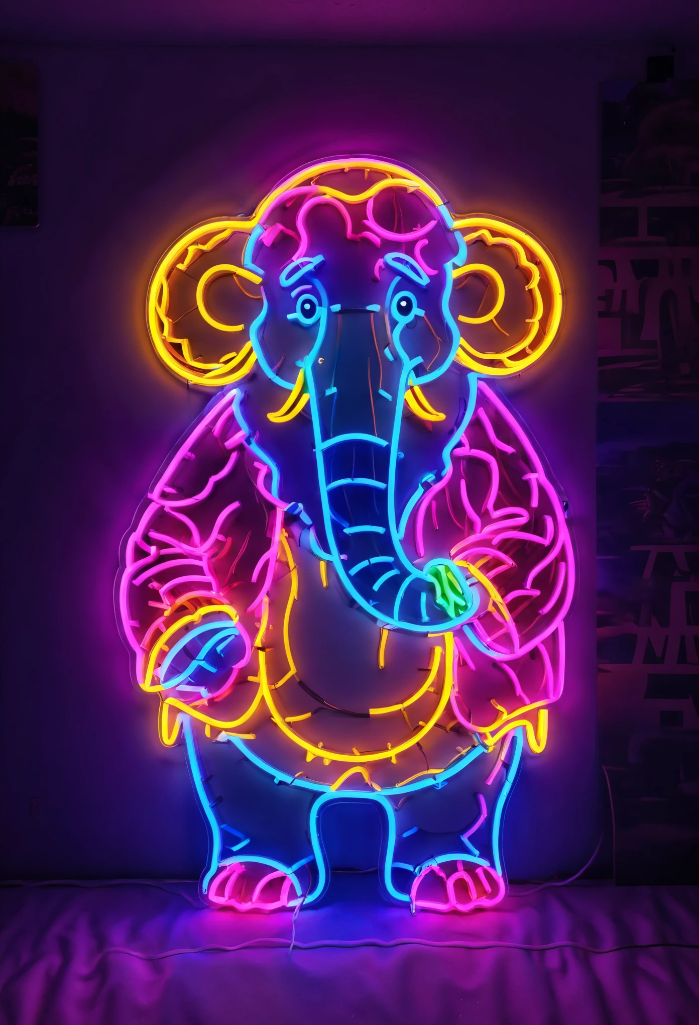 PENeonSign, neon Sign, glowing, colorful, Dressed animals - a ((fat)) cute mammoth wearing clothes, masterpiece, high resolution,  4k, high detail