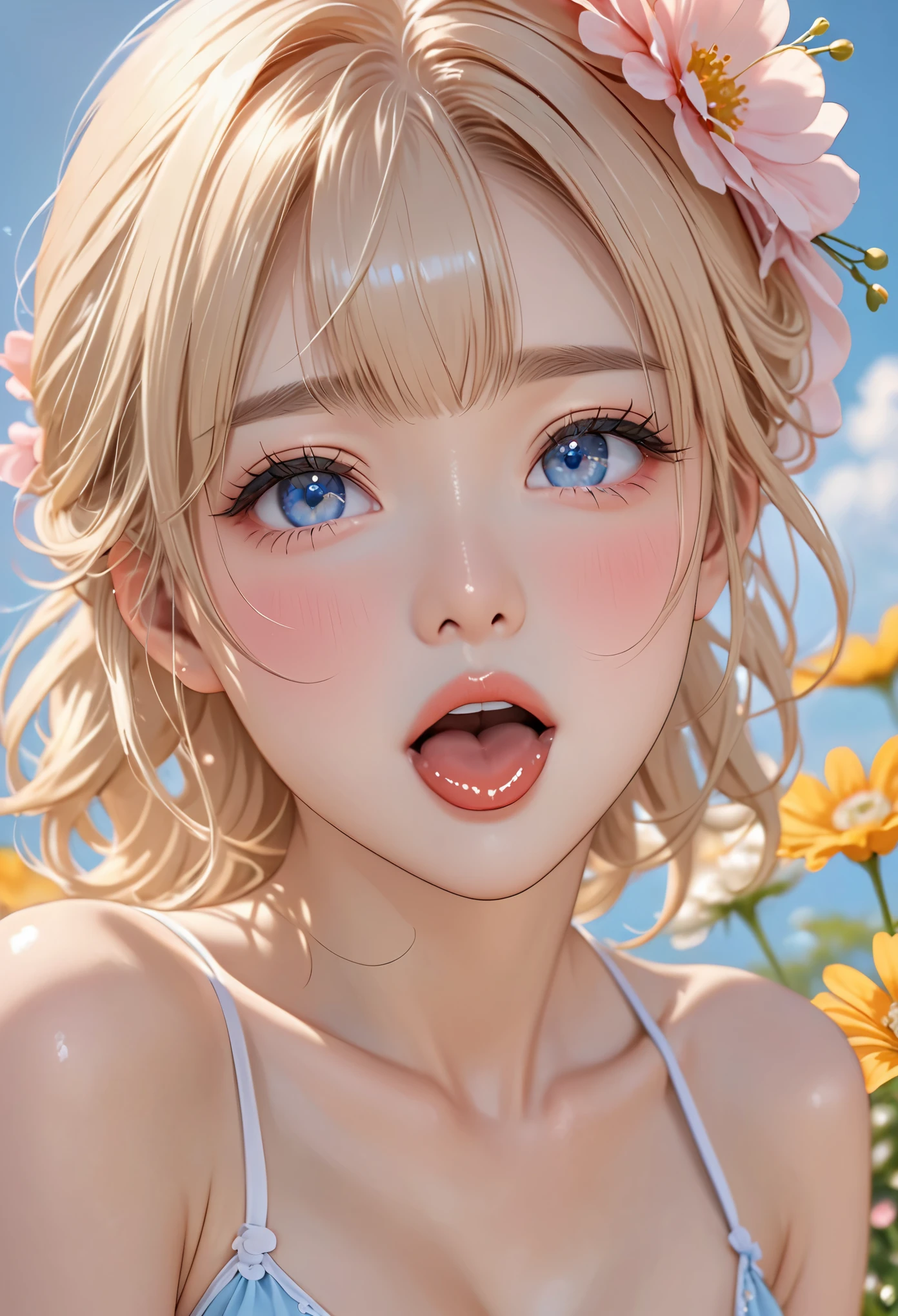 1 girl, alone, elegant hair (whole body: 1.1), (looking at the audience: 1.1), young african boy, tight little bikini, Wild flowers swaying in the breeze, Movie , Sweet_Lolita, best quality, masterpiece, blond, blue eyes. Open your Mouth,,Exquisite Mouth,((Ejaculation in the Mouth)),Exquisite,Mouth,The facial details are very rich,blush,Skin is moist and shiny,normal tongue,Don't stick out your tongue,粉紅色的Mouth唇,delicate lips, ((all over face, Mouth and cheeks))