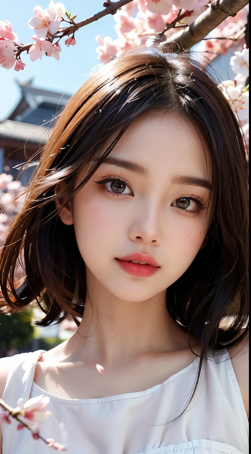 Mustepiece, top quality, illustration, ultra-definition, fine details, high resolution, 8K wallpaper, perfect dynamic composition, beautiful detailed eyes, wearing a dress, natural colored lips, random cute pose, perfect and beautiful face, cute, sexy face, sunset, ecstasy face, feminine face, (cherry blossoms, cherry blossoms, falling cherry blossom petals, cherry blossom blizzard, falling petals), waving in the wind Hair, hair fluttering, pink cherry blossoms, petals dancing, cherry blossom snowstorm, wonderful scenery, sunrise, background sun, wind,
