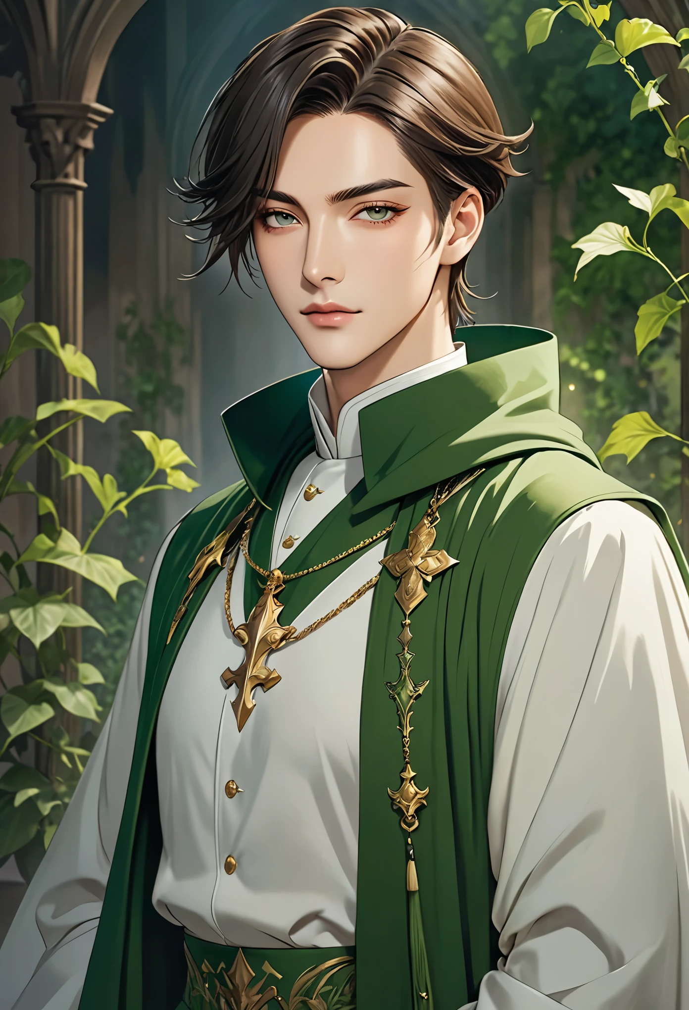 Anime style image of a man wearing a green cloak and a green cloak, casimir art, beautiful androgynous prince, Handsome guy in the art of slaying demons, Photo of a male clergyman, Official character illustrations, Exquisite androgynous prince, Inspired by kris from deltarrune, official art, official character art, dress like a priest