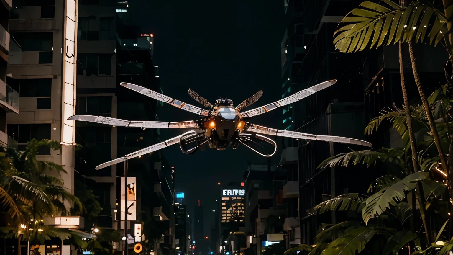 wild robotic cyberpunk dragonfly in a wet jungle city, electric wiring, large leafs