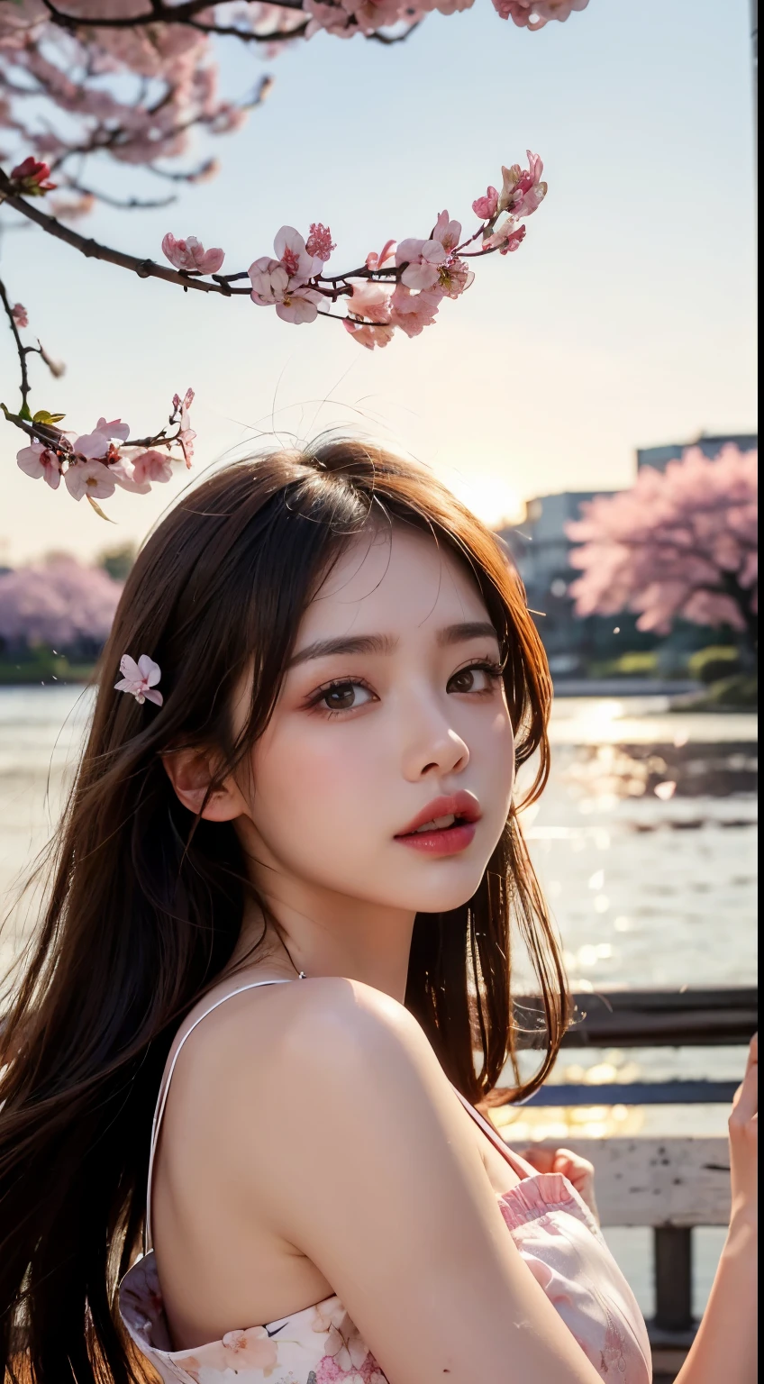 Mustepiece, top quality, illustration, ultra-definition, fine details, high resolution, 8K wallpaper, perfect dynamic composition, beautiful detailed eyes, wearing a dress, natural colored lips, random cute pose, perfect and beautiful face, cute, sexy face, sunset, ecstasy face, feminine face, (cherry blossoms, cherry blossoms, falling cherry blossom petals, cherry blossom blizzard, falling petals), waving in the wind Hair, hair fluttering, pink cherry blossoms, petals dancing, cherry blossom snowstorm, wonderful scenery, sunrise, background sun, wind,