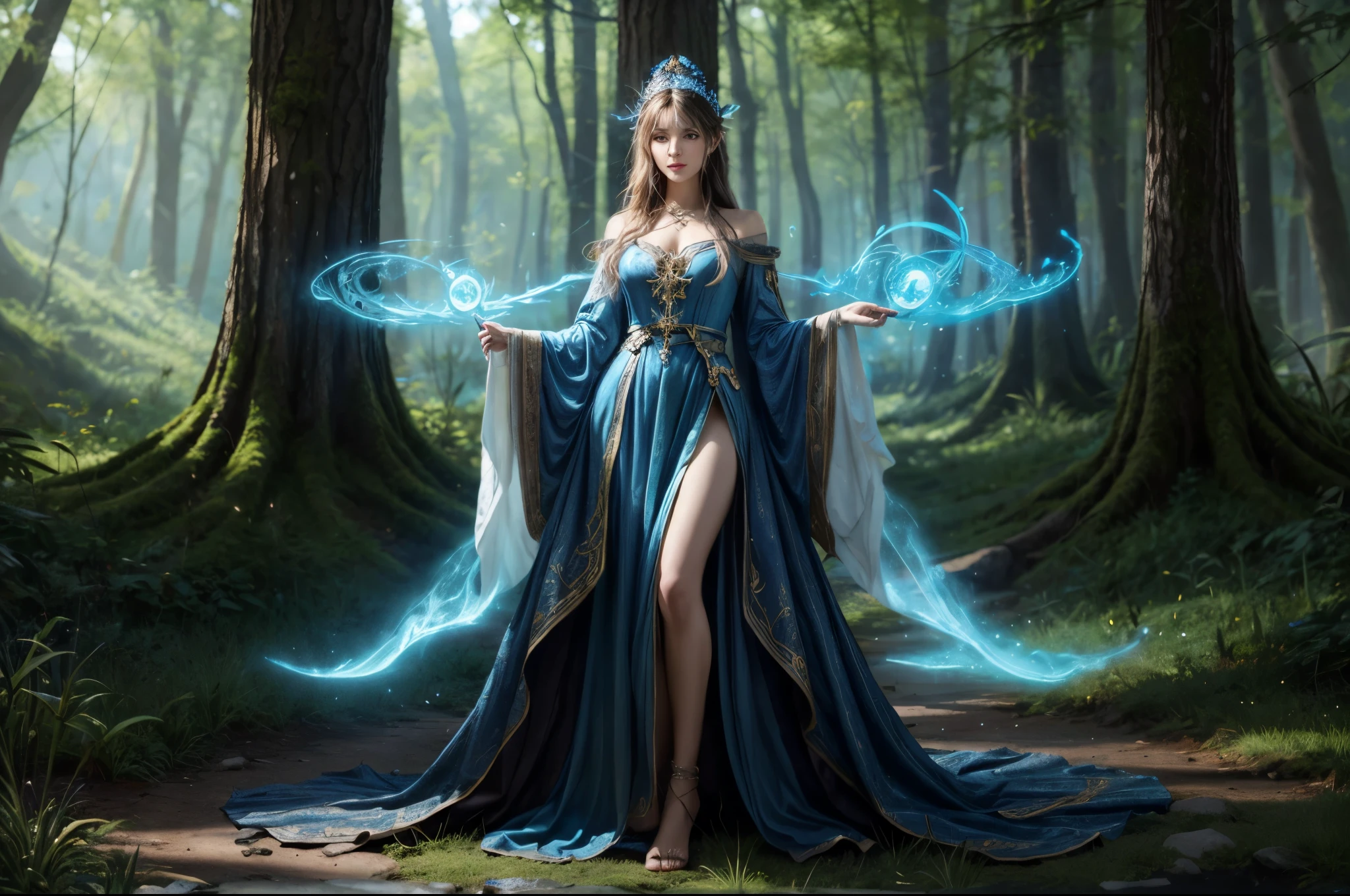 a woman in a blue dress standing in the woods with a wand, fae priestess, beautiful sorceress, elfic priestess, a beautiful sorceress, sorceress, fantasy card game art, fantasy art style, 4k fantasy art, epic fantasy art style hd, detailed fantasy art, fantasy style art, flowing magical robe