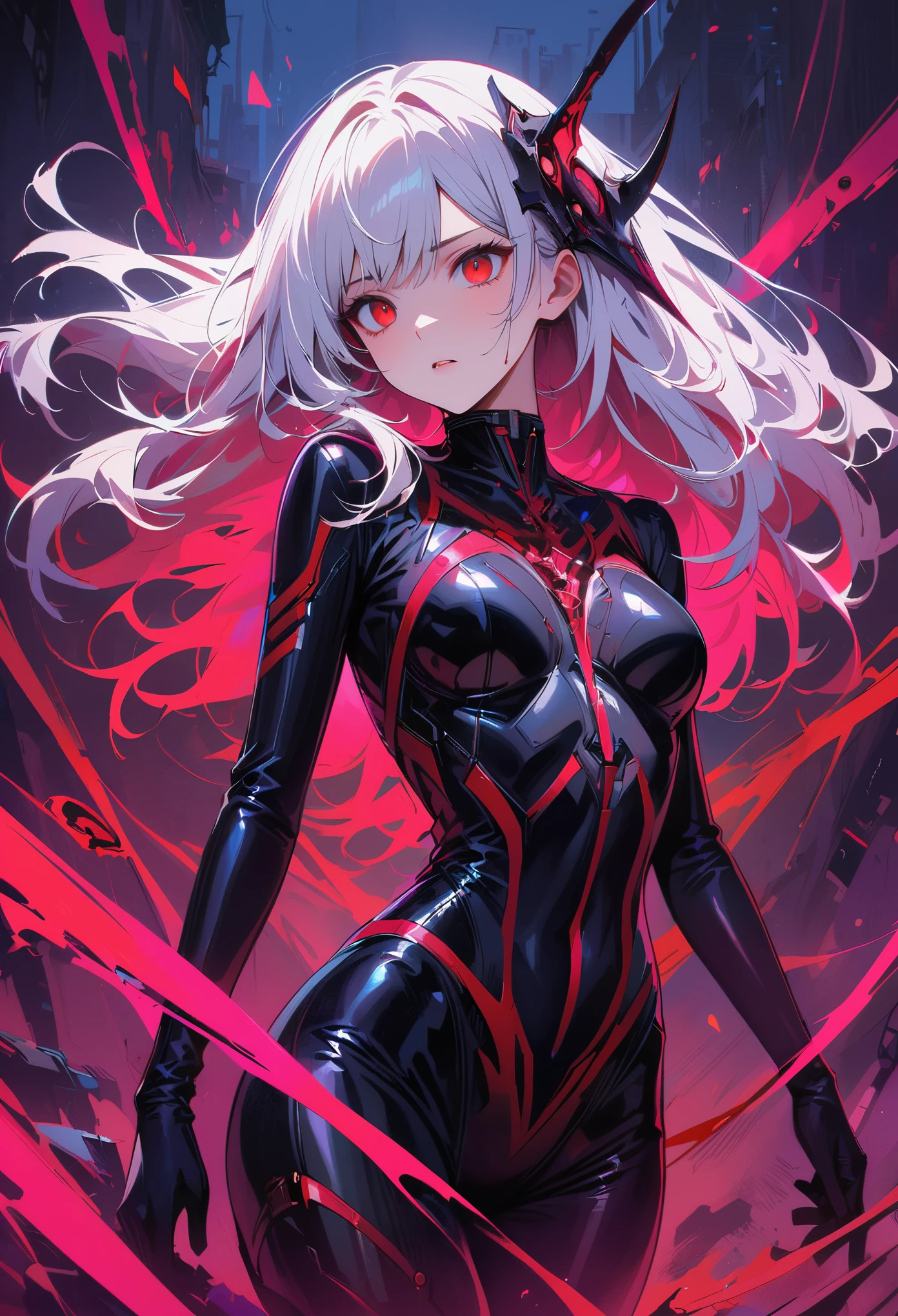 masterpiece， best quality， 8K， Digital painting， 1 girl， solo， stand up， youth， White hair， long white hair， hair accessories， red eyes， round pupils， Emotionless expression， blood stains， Mechanical Parts， electric wire， cable， failure effect， horrifying， science fiction， futuristic， Dark inside the background， neon lights， cyberpunk characters， Surreal， weird， Disturbing， spine-chilling， horrifying， jumpsuit，Red eyes，Venom Possession，blackened，Long black gloves，One-piece Pants，tight latex bodysuit，Highlight her graceful figure,wrap the whole body，symbiont，（（Raised sexy）），jumpsuit，Red eyes，Venom Possession，blackened，Long black gloves，One-piece Pants，Black latex clothing，Blood-red eyes，best quality, High resolution, Super detailed, Vivid textures, mask, tight latex bodysuit, Bangs,purple hair, blue eyes