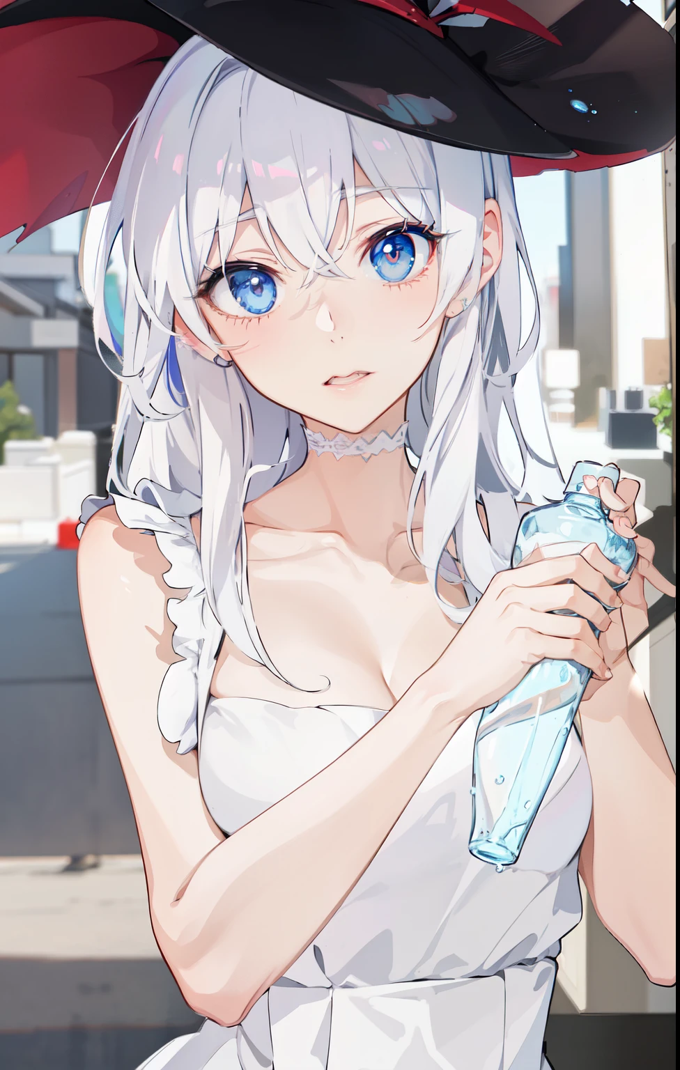 anime girl with white hair and blue eyes holding a bottle, anime visual of a cute girl, gapmoe yandere, in dress, ahegao, smooth anime cg art, , , soft anime illustration, ahegao face, splash art anime , anime moe artstyle, seductive anime girl, clean detailed anime art, nude