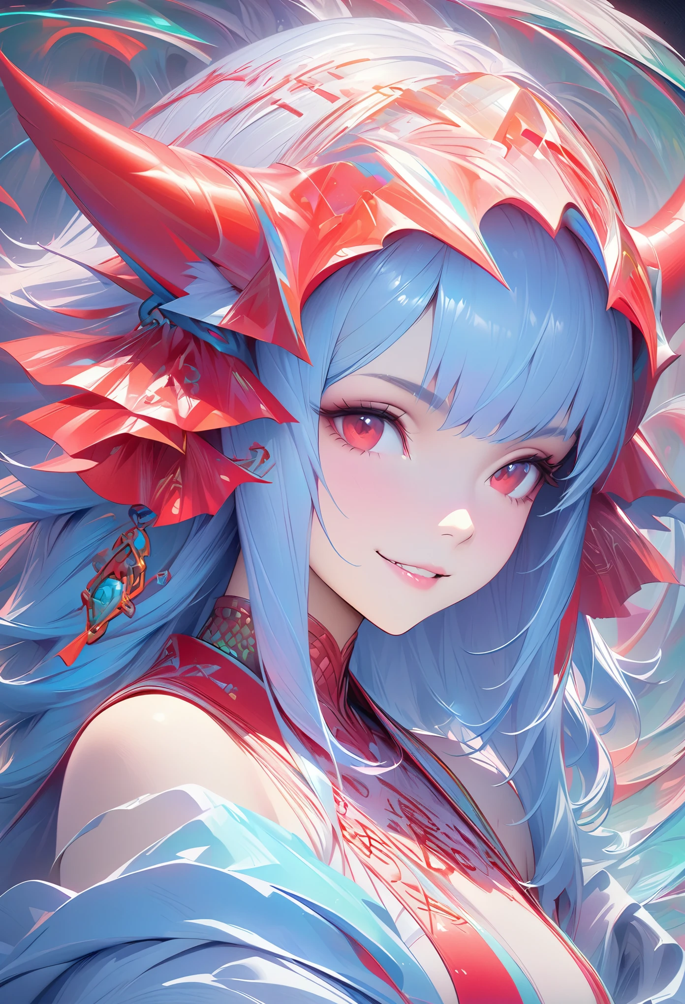 Masterpiece Portrait of Smiling Rei Ayanami (fox demon), fox tail, Caustics, High resolution illustration, Red eyes, feminine,, blue hair,, Shadow flat illustration, The art of math, Popular topics on ArtStation, Very detailed, fine details, complex, neon color