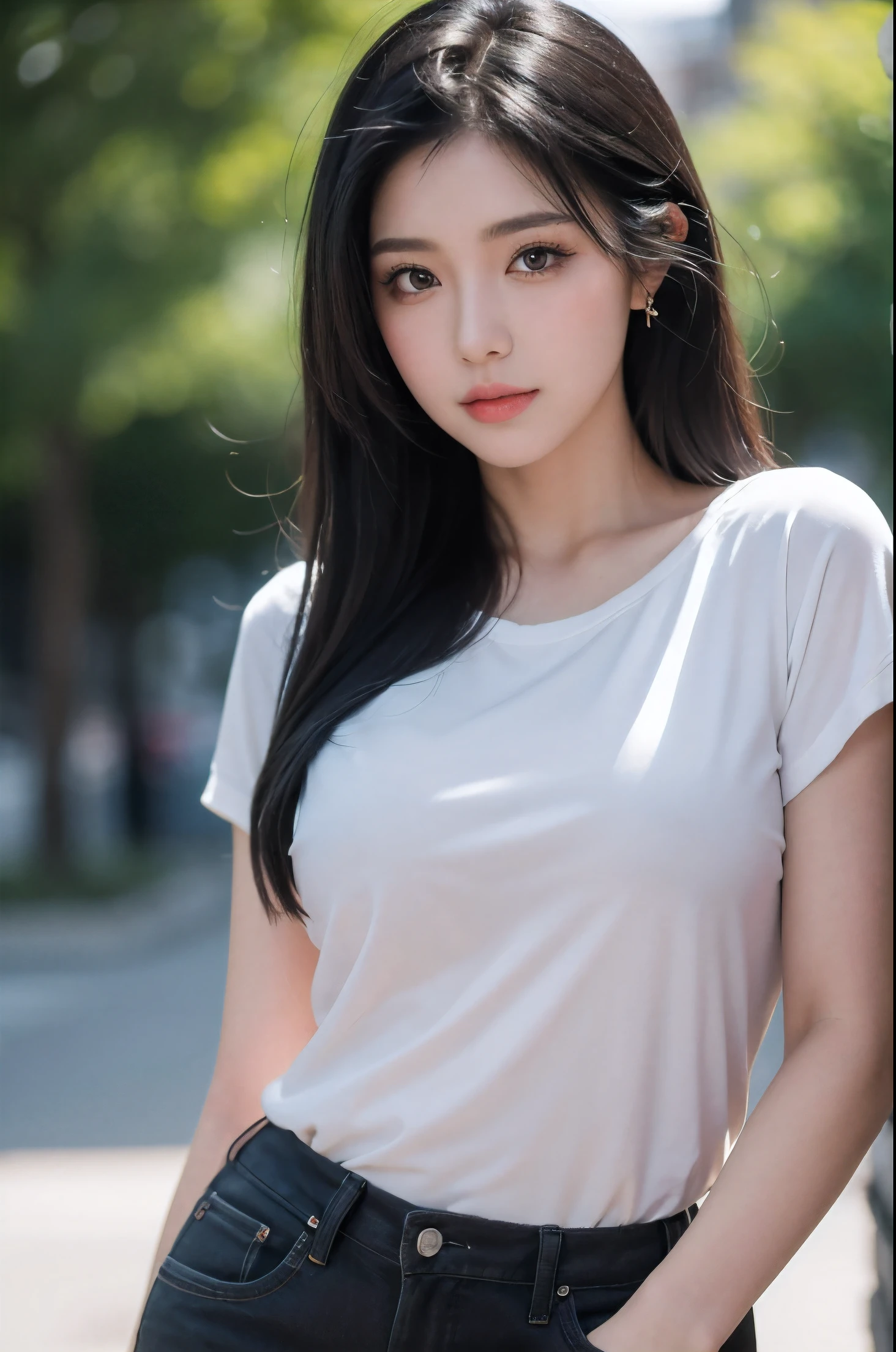 black hair, compensate, masterpiece, seductive casual outfit, hip up angle, dynamic pose, close, Natural light, confident look, background bokeh, High resolution