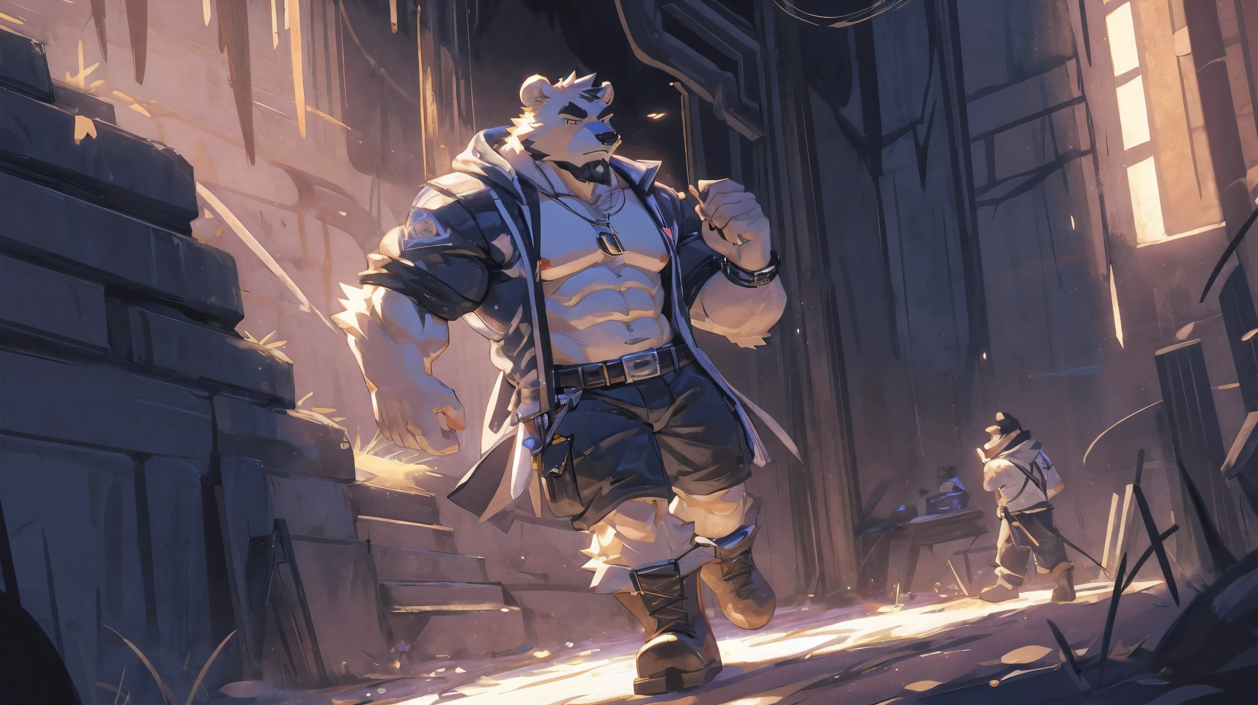 (masterpiece:1.2), best quality,pixiv,official art,perfect anatomy, (Ray tracing, light),solo, (1_male:1.3) , (muscle), (gray fur:1.4), (muscle bear), (beard:1.2), (gleaming golden eyes), Thick eyebrows, (naked:1.3) , weald, ruins , plants , open hoodie, naked inside, cargo shorts, boots
