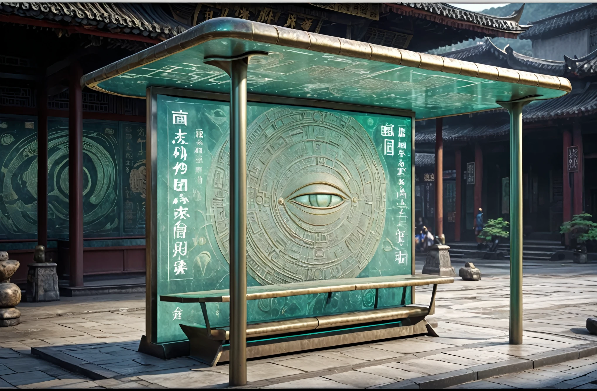 A fantastic bus stop, Alien civilization ruins, Bronze texture, Bronze artifacts from 2,000 years ago,Sanxingdui, Antiquities, cultural relics, alien hieroglyphics, 未来science and technology, strange magic, unknown cosmic energy, eye of control, Scan grid, epic, grand, Octagon rendering, Enhanced, complex, (masterpiece, flagship artwork, official art, professional, Unity8k壁纸:1.3), Super detailed, (actual, photoactual, photo-actual:1.37), high dynamic range, ultra high definition, studio lighting, Ultra-fine coating, sharp focus, Physically based rendering, professional, Bright colors, Bokeh.metallic feel,bus stop sign,science and technology