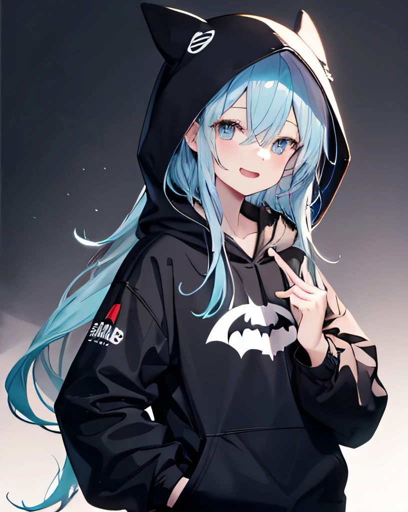 masterpiece,1 boy,alone,long hair,blue hair,bat hoodie:1.5,put your hands on your hips, put one'Hand in hand'pocket of,no background,smile:1.5,open your mouth