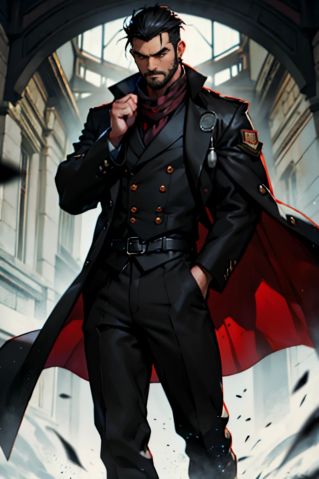 Geoffrey McCullum, black hair, crewcut, stubble, rugged, medical coat, black pants, black shirt, dark red cravat, fog, medical atmosphere, 1918 London, handsome anime pose