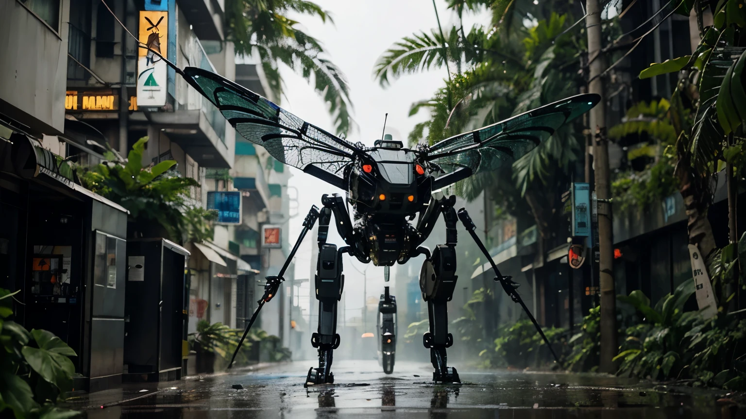 wild robotic cyberpunk dragonfly in a wet jungle city, electric wiring, large leafs