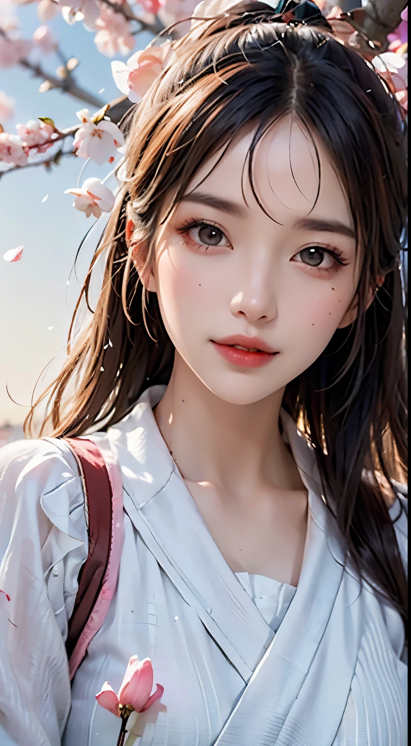 Mustepiece, top quality, illustration, ultra-definition, fine details, high resolution, 8K wallpaper, perfect dynamic composition, beautiful detailed eyes, wearing a dress, natural colored lips, random cute pose, perfect and beautiful face, cute, sexy face, sunset, ecstasy face, feminine face, (cherry blossoms, cherry blossoms, falling cherry blossom petals, cherry blossom blizzard, falling petals), waving in the wind Hair, hair fluttering, pink cherry blossoms, petals dancing, cherry blossom snowstorm, wonderful scenery, sunrise, background sun, wind,