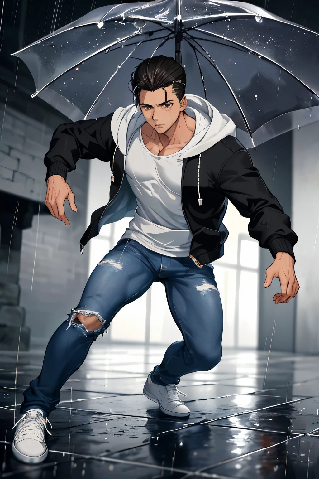 A captivating image of a boy breakdancing in the rain, showcasing his unparalleled skill and agility. Gray skies above, raindrops cascading around him, forming a mesmerizing backdrop. Hisська excessive detail, every raindrop glistening, every muscle taut in his body. He wears a hoodie, hood pulled up against the rain, and his jeans sag slightly at the knees, fitting perfectly with his breakdancing attire. His brown eyes are focused intently on the ground, determined and fearless. His hair, wet and slicked back, contrasts starkly with the raindrops clinging to it. Each droplet, shimmering