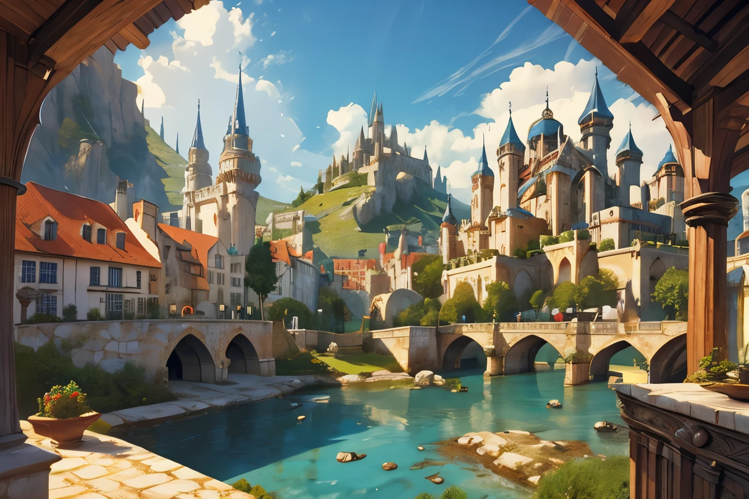 Illustrate a top-down view of a fantastical medieval RPG country, featuring majestic palaces, intricate houses, bustling streets, and diverse people in a vibrant and medieval setting.