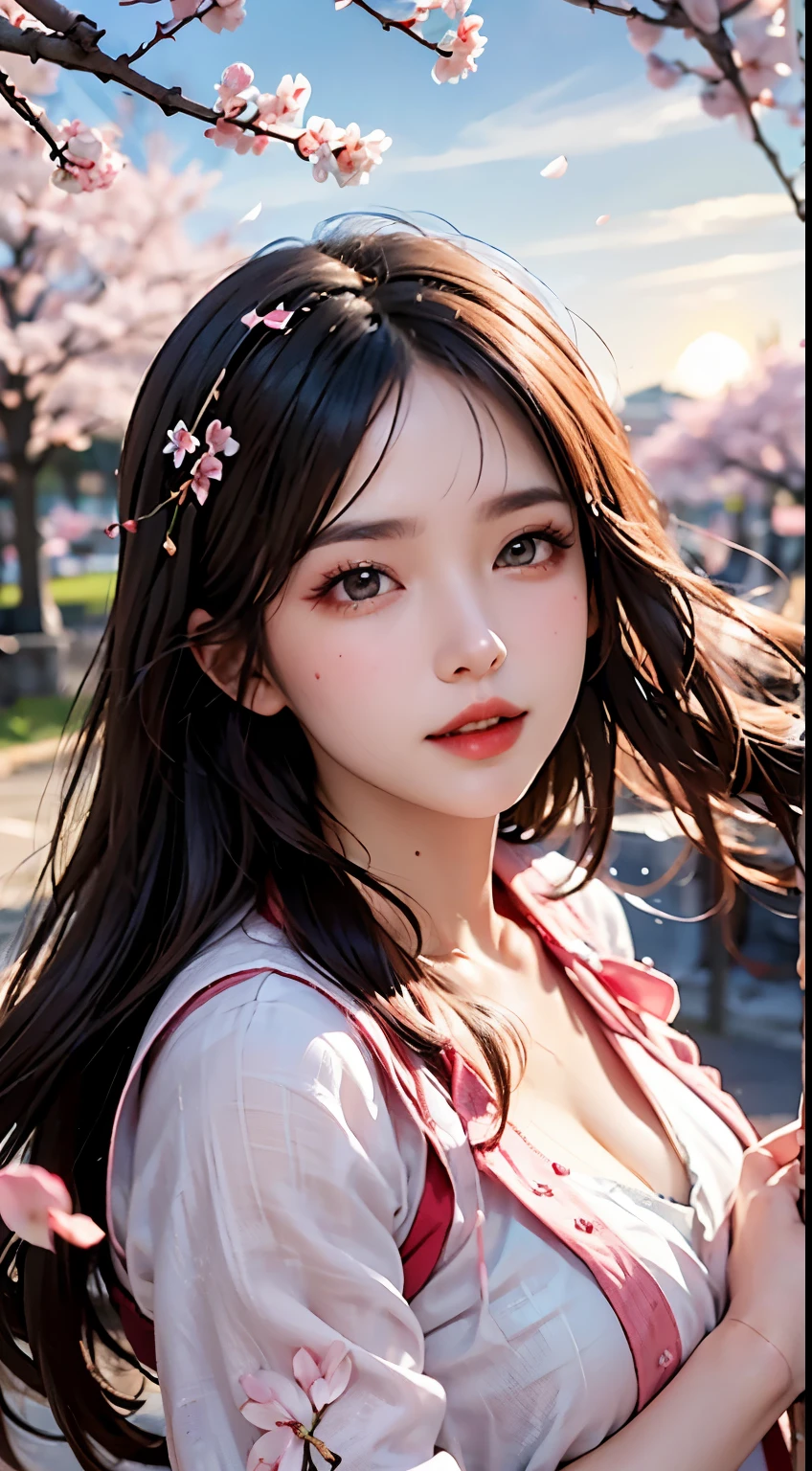 Mustepiece, top quality, illustration, ultra-definition, fine details, high resolution, 8K wallpaper, perfect dynamic composition, beautiful detailed eyes, wearing a dress, natural colored lips, random cute pose, perfect and beautiful face, cute, sexy face, sunset, ecstasy face, feminine face, (cherry blossoms, cherry blossoms, falling cherry blossom petals, cherry blossom blizzard, falling petals), waving in the wind Hair, hair fluttering, pink cherry blossoms, petals dancing, cherry blossom snowstorm, wonderful scenery, sunrise, background sun, wind,