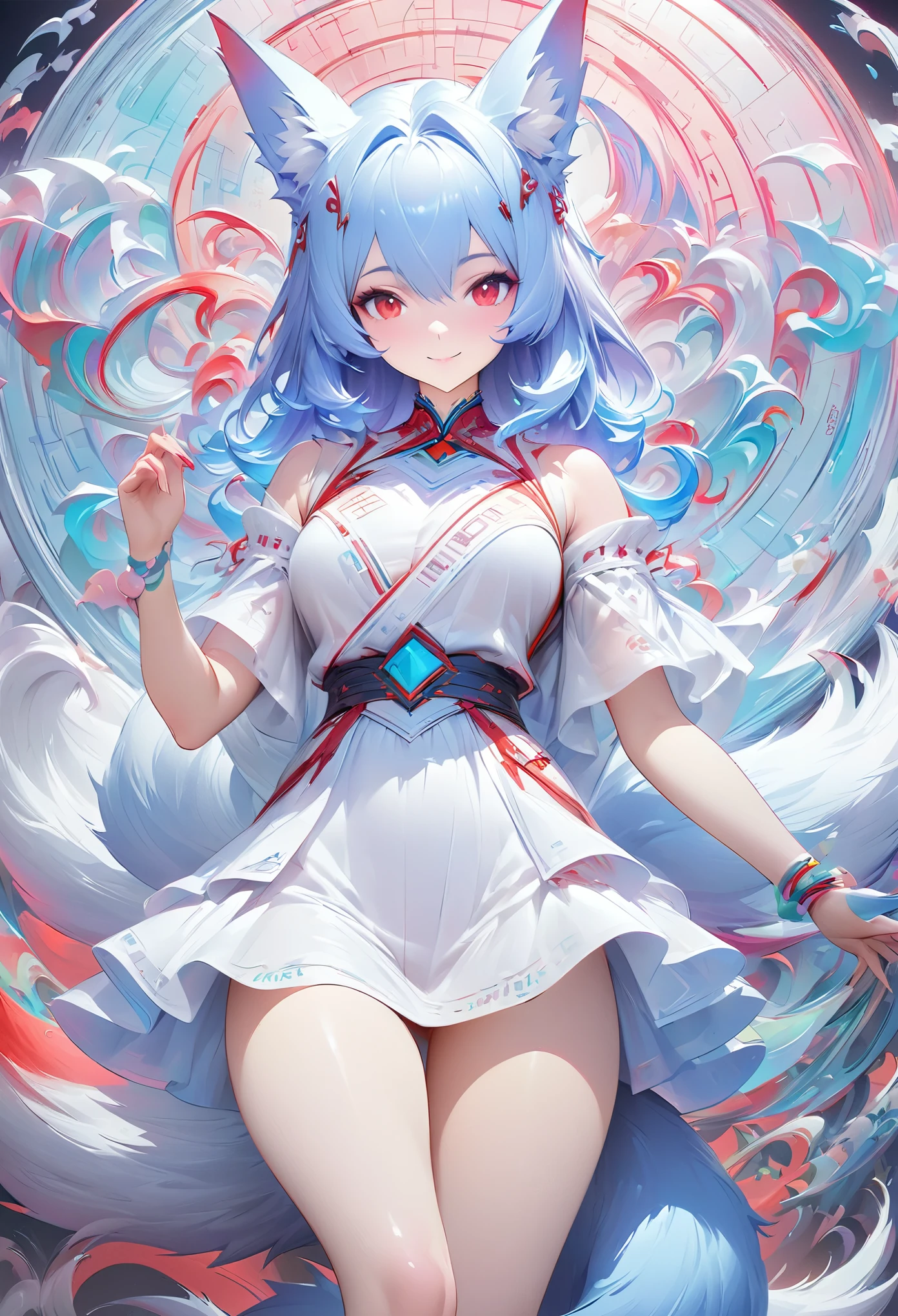 Smiling Rei Ayanami&#39;s masterpiece， (fox demon), fox tail， Caustics, High resolution illustration, Red eyes, feminine,Excellent figure， blue hair,,  Shadow flat illustration, The art of math, Popular topics on ArtStation, Very detailed, fine details, complex,  neon color