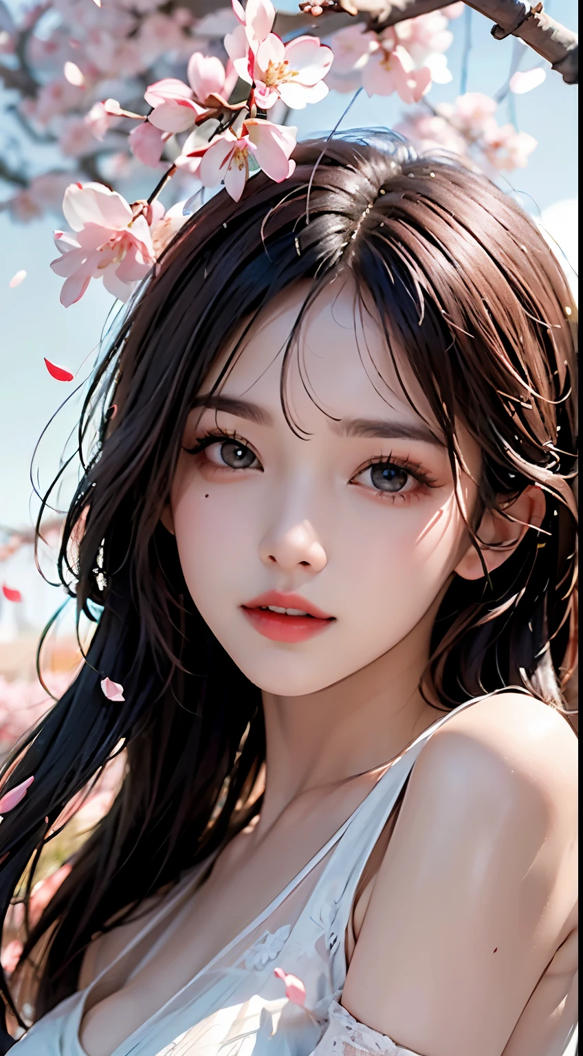 Mustepiece, top quality, illustration, ultra-definition, fine details, high resolution, 8K wallpaper, perfect dynamic composition, beautiful detailed eyes, wearing a dress, natural colored lips, random cute pose, perfect and beautiful face, cute, sexy face, sunset, ecstasy face, feminine face, (cherry blossoms, cherry blossoms, falling cherry blossom petals, cherry blossom blizzard, falling petals), waving in the wind Hair, hair fluttering, pink cherry blossoms, petals dancing, cherry blossom snowstorm, wonderful scenery, sunrise, background sun, wind,