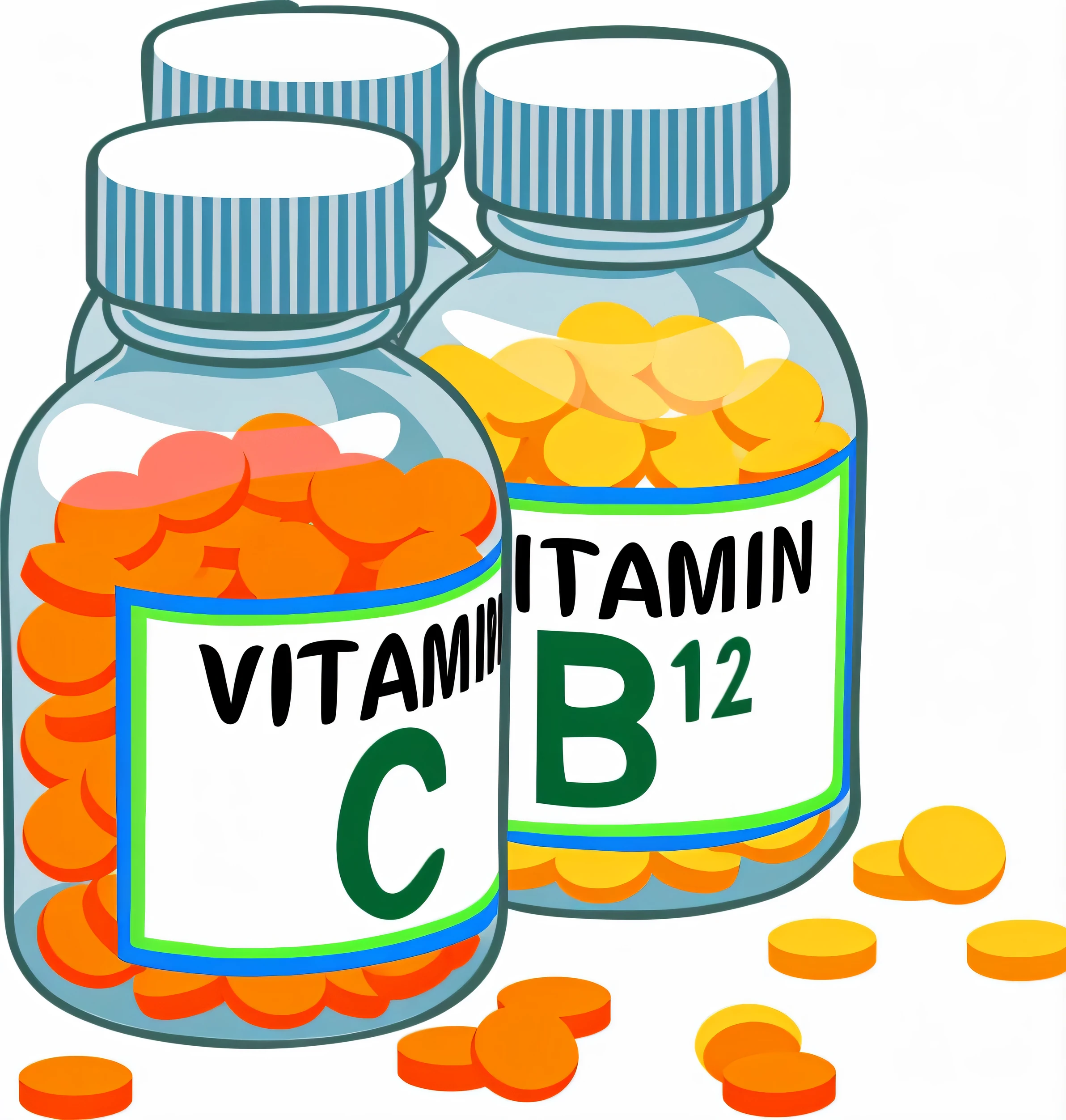 there are two bottles of vitamin b12 and vitamin b12, vials, petroleum vitamin, by Whitney Sherman, by Viktor Oliva, pills, by Verónica Ruiz de Velasco, by Gavin Hamilton, bottles, vibrant vials, by Juan Fernando Cobo, by Martina Krupičková, an illustration of