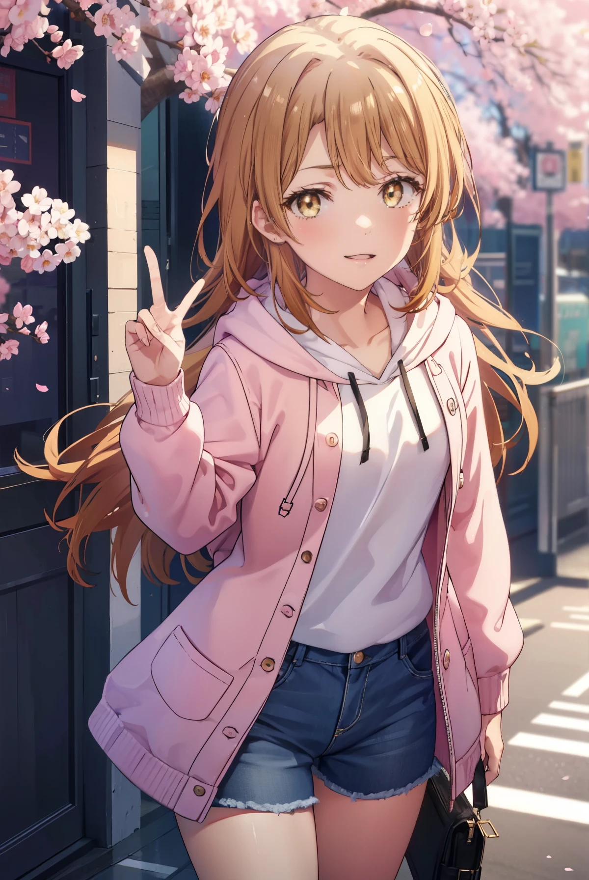 irohaisshiki, iroha isshiki, long hair, brown hair, (brown eyes:1.5), happy smile, smile, open your mouth,Put your hand over your mouth and make a peace sign, 1 girl,towards the camera,pink hoodie hood up,short denim pants,black tights,short boots,standing alone'my back to the wall、The cherry blossoms have bloomed,Cherry blossoms are scattered,
break indoors, Cherry blossom tree-lined path,
break looking at viewer,Upper body,
break (masterpiece:1.2), highest quality, High resolution, unity 8k wallpaper, (shape:0.8), (fine and beautiful eyes:1.6), highly detailed face, perfect lighting, Very detailed CG, (perfect hands, perfect anatomy),