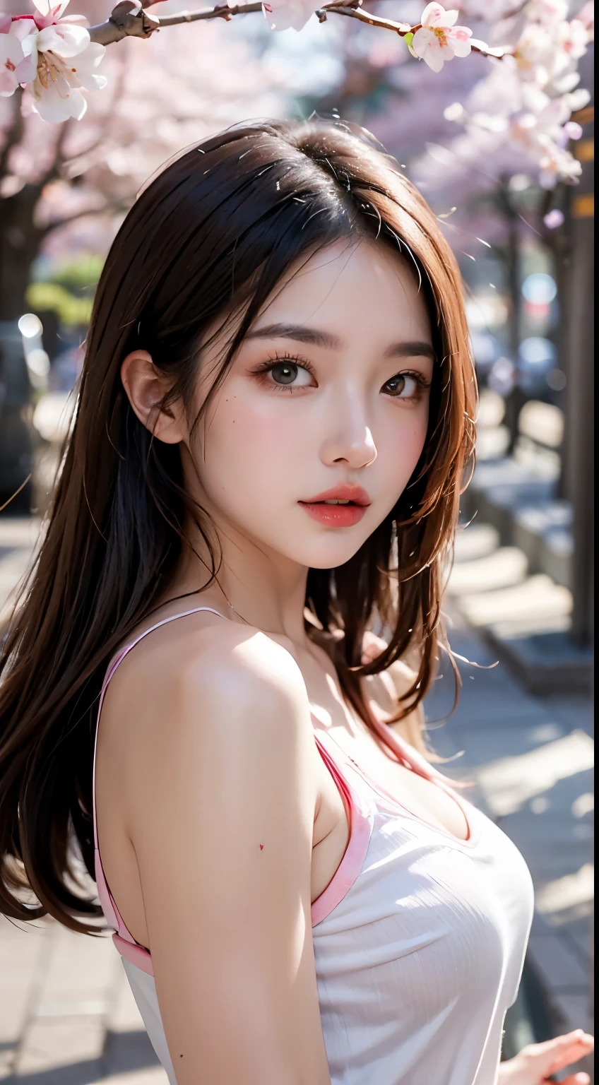 Mustepiece, top quality, illustration, ultra-definition, fine details, high resolution, 8K wallpaper, perfect dynamic composition, beautiful detailed eyes, wearing a dress, natural colored lips, random cute pose, perfect and beautiful face, cute, sexy face, sunset, ecstasy face, feminine face, (cherry blossoms, cherry blossoms, falling cherry blossom petals, cherry blossom blizzard, falling petals), waving in the wind Hair, hair fluttering, pink cherry blossoms, petals dancing, cherry blossom snowstorm, wonderful scenery, sunrise, background sun, wind,