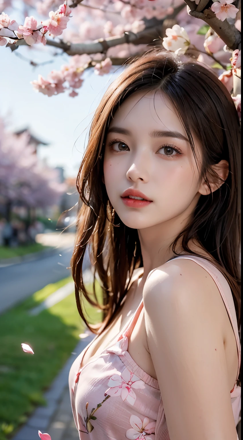 Mustepiece, top quality, illustration, ultra-definition, fine details, high resolution, 8K wallpaper, perfect dynamic composition, beautiful detailed eyes, wearing a dress, natural colored lips, random cute pose, perfect and beautiful face, cute, sexy face, sunset, ecstasy face, feminine face, (cherry blossoms, cherry blossoms, falling cherry blossom petals, cherry blossom blizzard, falling petals), waving in the wind Hair, hair fluttering, pink cherry blossoms, petals dancing, cherry blossom snowstorm, wonderful scenery, sunrise, background sun, wind,