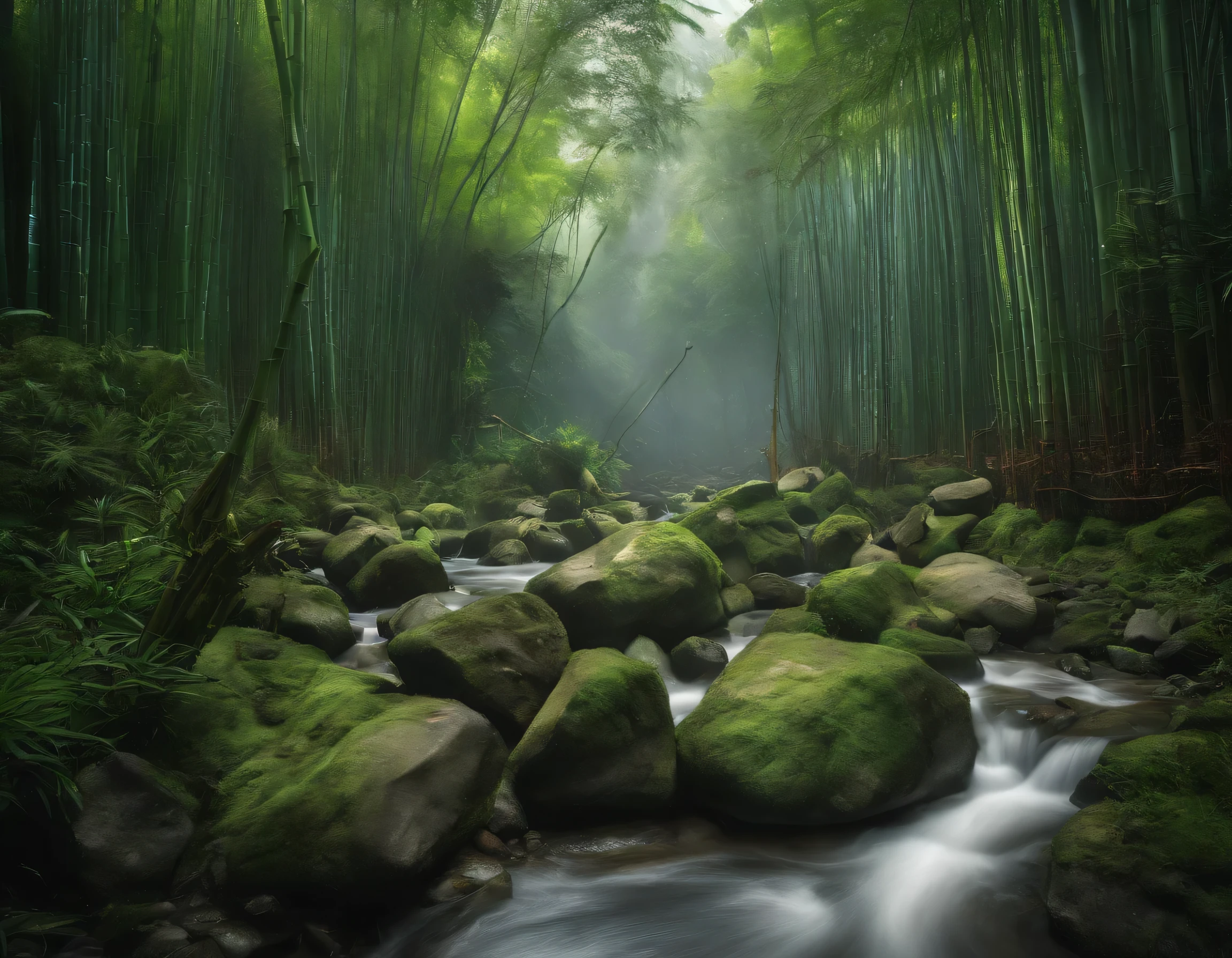 In the rainy season, there is a misty and rainy atmosphere. There are many emerald green bamboo forests here, occasionally mixed with colorful leaves, densely covering the sky and light, with a hint of mystery in the darkness Some bamboo trees are straight, some are inclined, and the leaves of bamboo are deep and shallow Light shines through the gaps in bamboo leaves, producing strong Tyndall light The babbling stream flows down from the mountain stream, and there are rocks covered with moss by the stream The bamboo forests in Sichuan, China are full of vitality and surreal art, with a resolution of 8K and scenic lenses, providing detailed visual effects Art style is the depiction of nature, emphasizing the exquisite details of bamboo forests, with shadows of light green, light green, deep green, and deep blue-green Medium to long range, soft ambient light creates a peaceful and warm atmosphere
更多释义