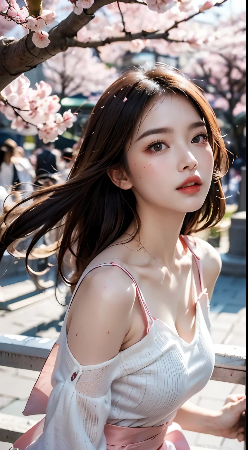Mustepiece, top quality, illustration, ultra-definition, fine details, high resolution, 8K wallpaper, perfect dynamic composition, beautiful detailed eyes, wearing a dress, natural colored lips, random cute pose, perfect and beautiful face, cute, sexy face, sunset, ecstasy face, feminine face, (cherry blossoms, cherry blossoms, falling cherry blossom petals, cherry blossom blizzard, falling petals), waving in the wind Hair, hair fluttering, pink cherry blossoms, petals dancing, cherry blossom snowstorm, wonderful scenery, sunrise, background sun, wind,