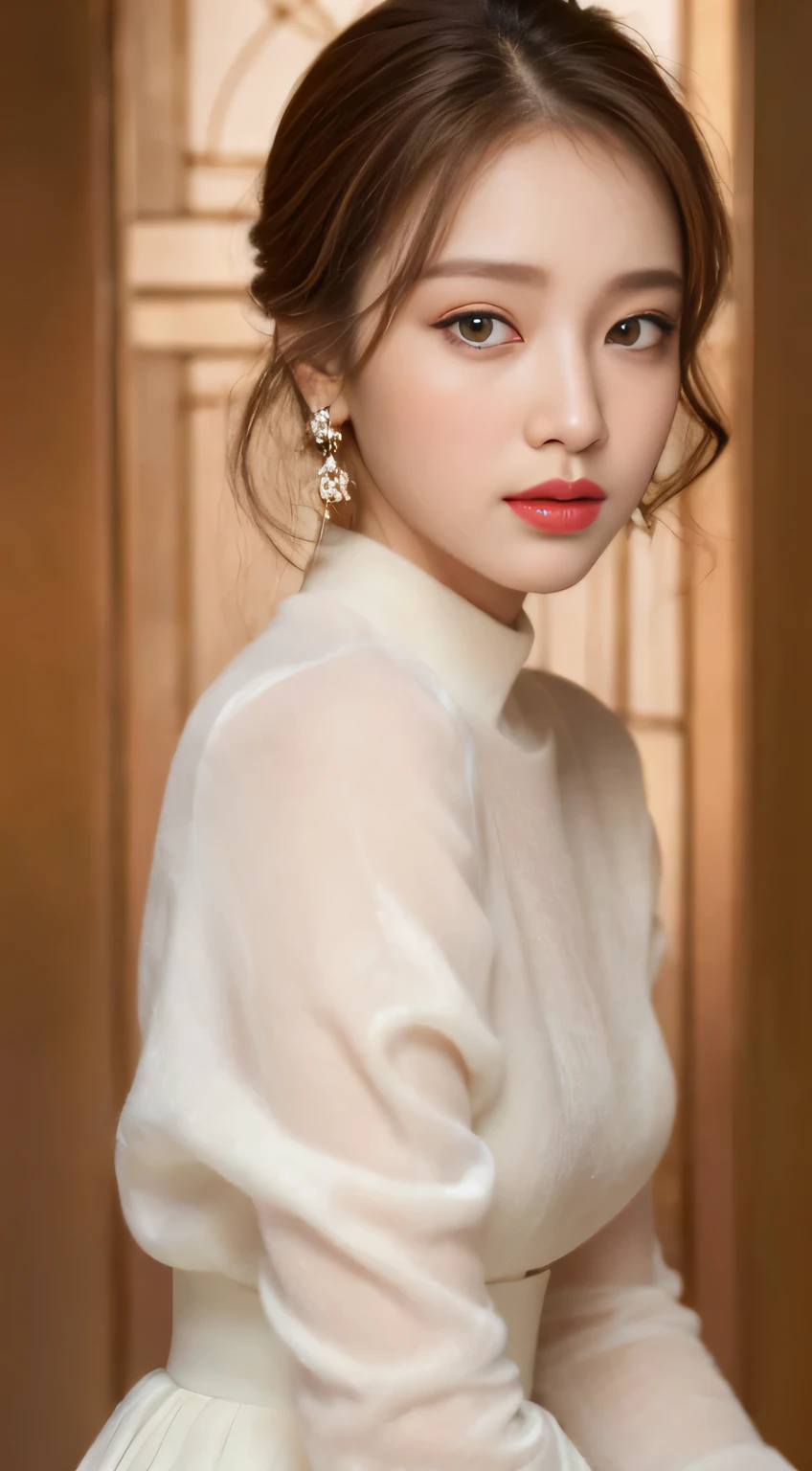 ((highest quality, 8K, masterpiece:1.3)), concentrated: 1.2, perfect body beauty: 1.4, buttocks: 1.2, layered haircut, Highly detailed face and skin texture, delicate eyes, double eyelid, whitened skin, long brown hair、slim、thin、model body shape、beautiful small face, realistic face, beautiful actress'natural makeup, Long eyes that seem to suck you in, Plump and glossy red lips, My cheeks turned red, earrings, beautiful thin eyebrows