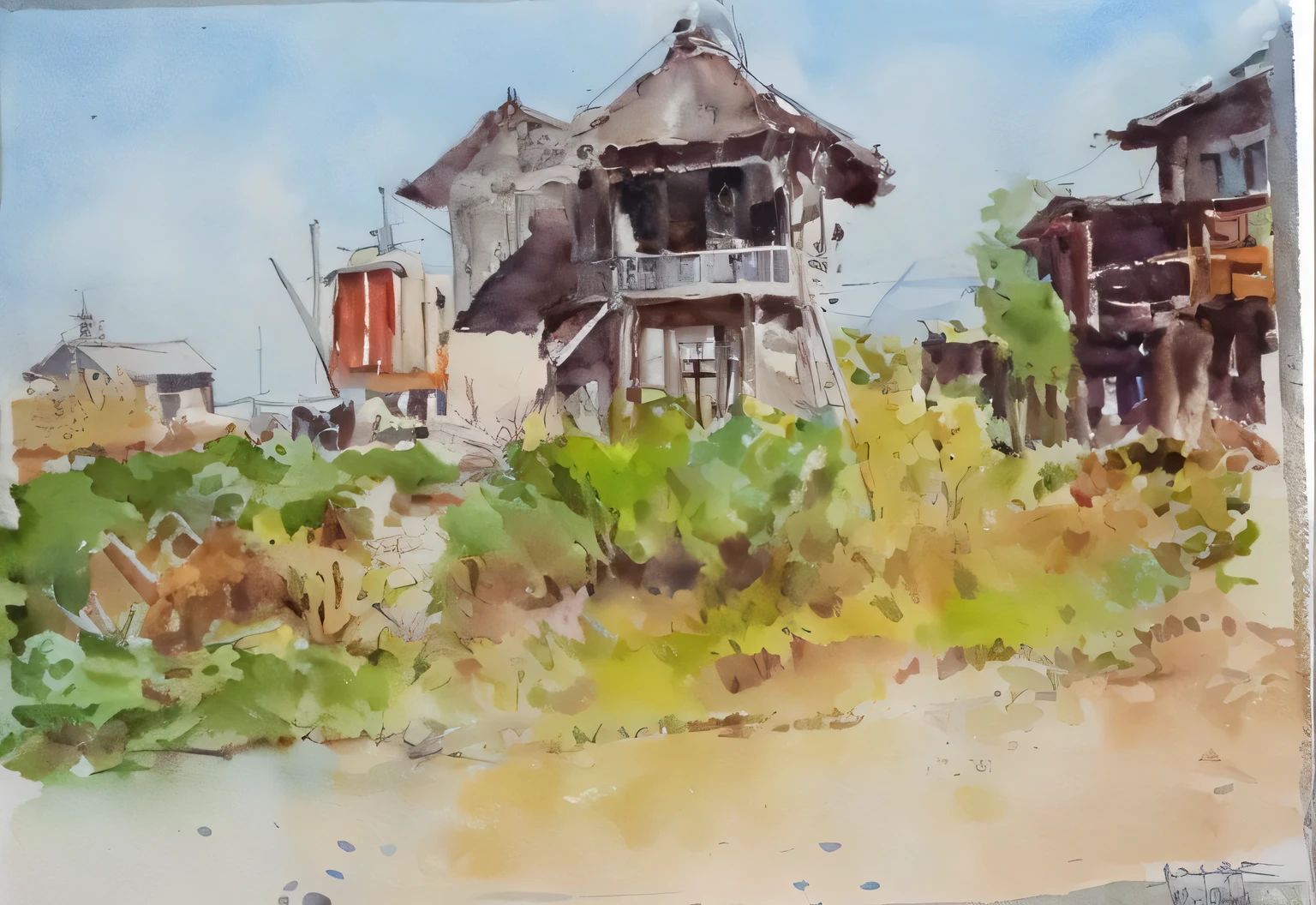 painting of a watercolor of a village with a windmill, houses on stilts, water color on paper, water color art on paper, water color painting, a watercolor painting, watermark:-1, water colour, ((water color)), water color, watercolor on paper, watercolour painting, aquarelle painting, village, old asian village, inspired by Pieter Huys