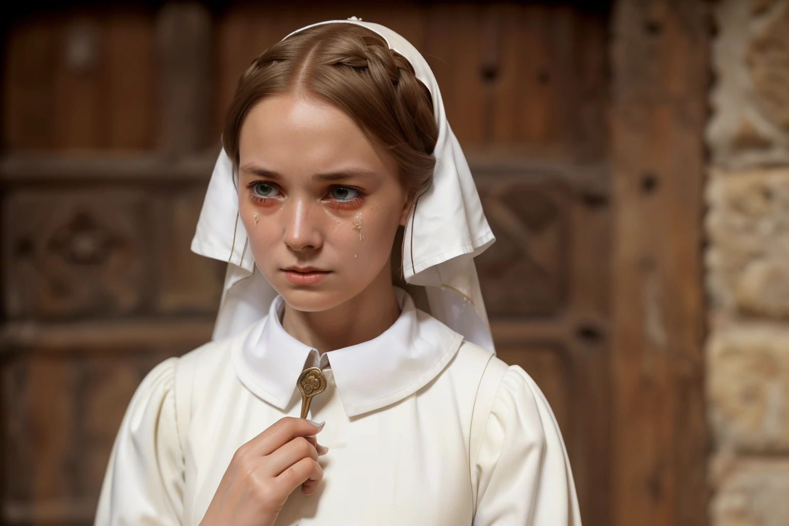 England, 1348. ((((31-year-old)) Caris Wooler)), attractive, expressive eyes, ((horror and shock expression, crying big tears)). ((((clothings from the 1340s, white uniform)))), ((light chestnut hairstyle of the 1340s))