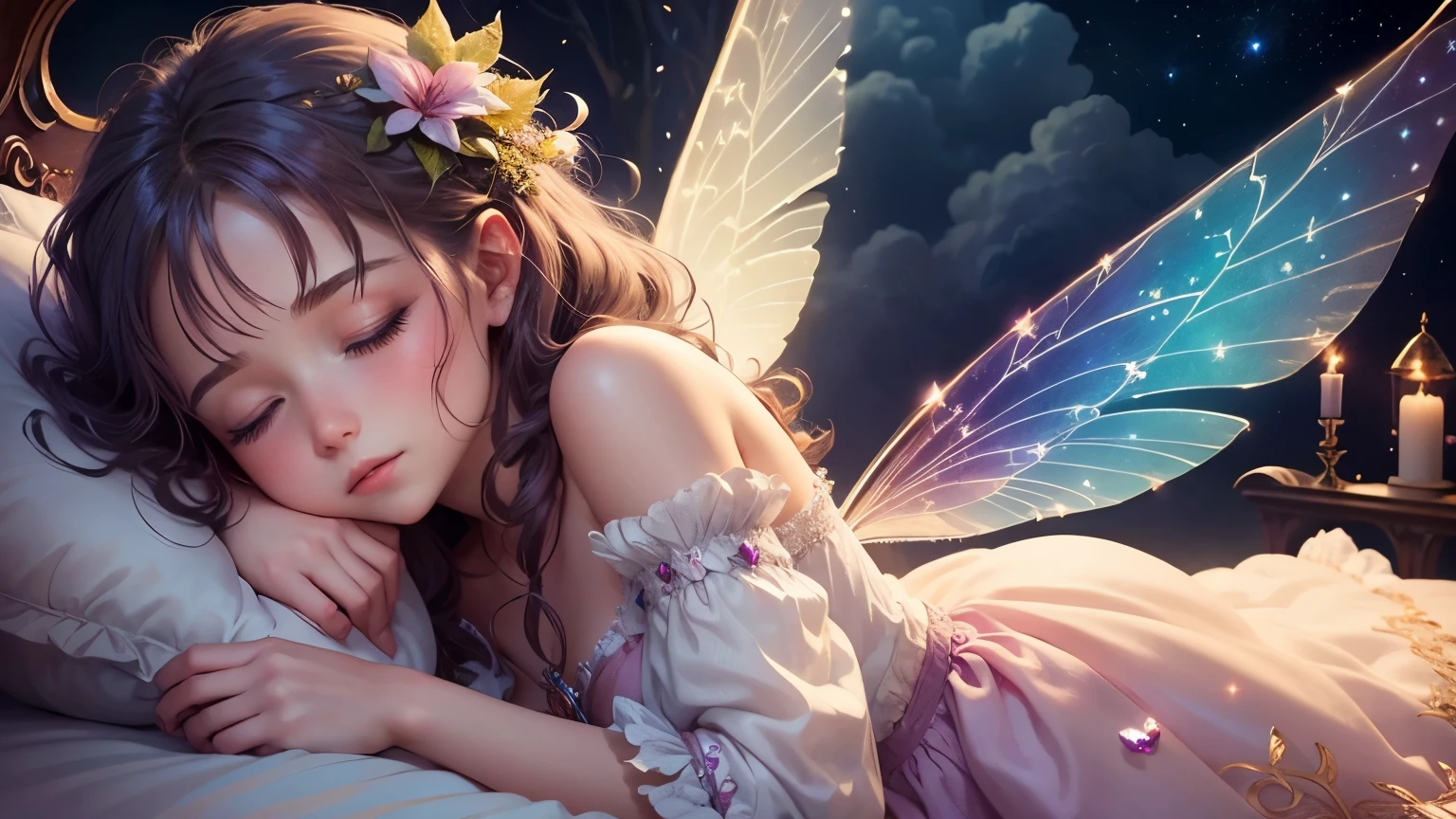 A beautiful fairy with wings, sleeping, luscious lips, magical lullaby, dreamy atmosphere, starry sky, enchanting character, bedtime fairy tale, colorful clouds above, magical night, high-quality, mysterious, whimsical fantasy, scene from a musical night, sleepy time, fairy tale-like ambiance
