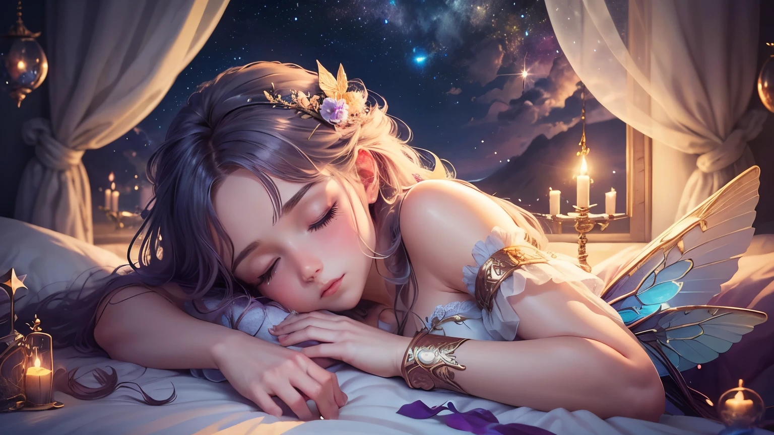 A beautiful fairy with wings, sleeping, luscious lips, magical lullaby, dreamy atmosphere, starry sky, enchanting character, bedtime fairy tale, colorful clouds above, magical night, high-quality, mysterious, whimsical fantasy, scene from a musical night, sleepy time, fairy tale-like ambiance