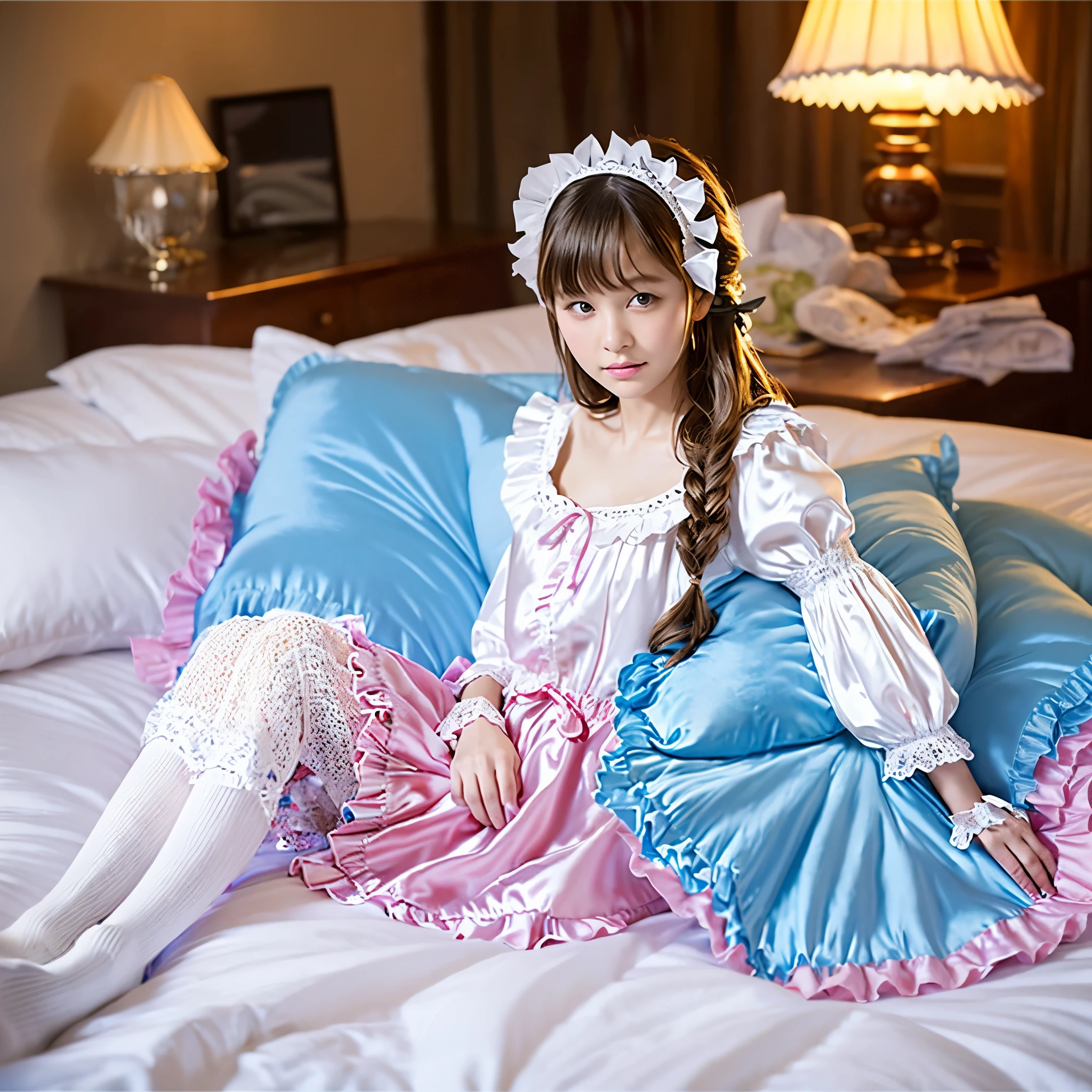 ,highest quality, masterpiece, highest resolution, artwork, super それにget used to it, many get used to it, get used to it, それにget used to it, 3K realistic photos,,((10 year old little girls)),Super detailed baby face,the girl is a princess,detailed luxury tiara,ruffled yoke collar,Detailed braided ribbon on chest,puff sleeves,long sleeve,((ロリータスタイルのホットピンクのロングスカートのワンピースのpajamas、Comes with lots of frills and ribbons。)),crazy'colorful fashion,光沢のあるシルクサテンのpajamas,1920s style nightgowns,headdress with frills and ribbons,soft and smooth silk satin fabric,luxury,Very long blonde hair,blue eyes,white skin european,pajamas,fine white frills and lace,Super long hair that is as tall as your body,white long socks,drawers with lots of frills,castle bedroom at night,Super long flowing hair,Above the luxurious and huge canopy king size bed,Pink pillow with lots of frills,Silk satin pink curtains with luxurious ruffles and ribbons surround the bed,Girls picking up pillows and jumping on the bed,lots of pillows piled up on the bed,(((Both legs are completely hidden inside the skirt))),((((round futon)))),((((A large ruffled futon that covers the entire bed)))),detailed comforter,Detailed bed sheets,bed skirt with ruffles,Deep bed,background with depth,pajamasパーティー,fierce pillow fight,