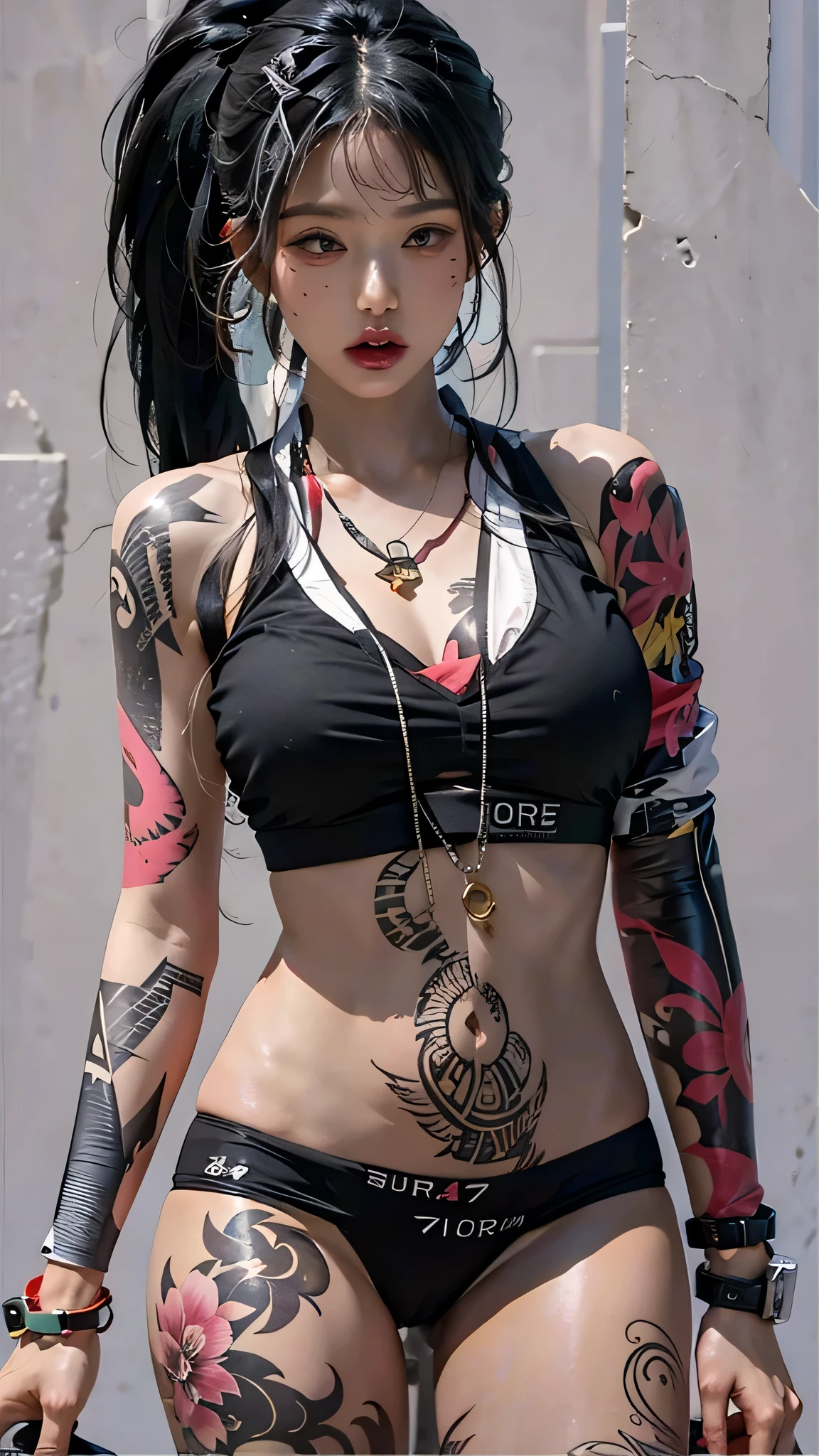 photorealistic, high resolution, soft light,1women, solo, hips up, (detailed face), jewelry, tattoo,black mafia clothing, ponytail hairstyle, black hair, super long hair, looking viewers, tatto, messy hair, close up, small breast, adult
