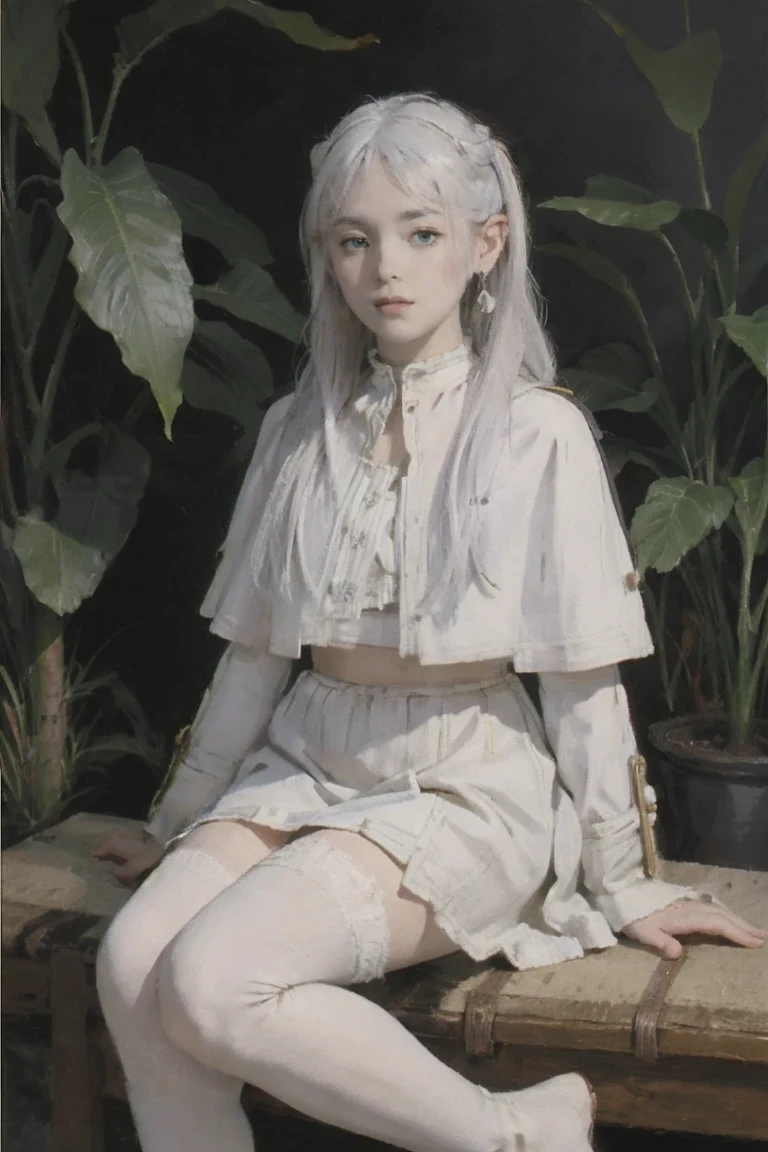 (white hair:1.5),High resolution, Unique image, 1 girl, armpit, Bangs, bare shoulders, raid, Chest, lift legs, shut mouth, bench, Cover belly button, curtain, Split collar, earrings, Eyebrows visible through hair, garters, gradient hair, High heel, high legs, high legs tights, huge Chest, jewelry, tights, light blush, looking at the audience, on bench, Pillow, short hair, sitting, alone, Tail, lift your legs