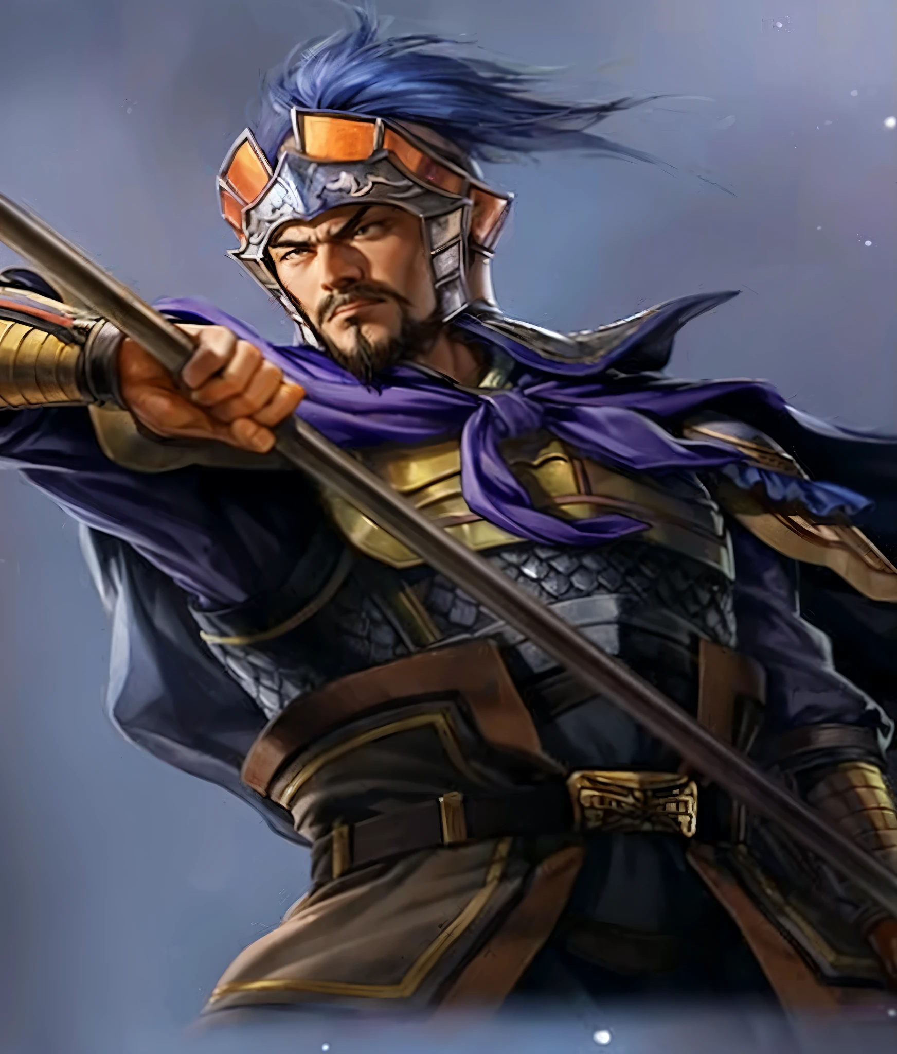A man with a sword and a purple scarf holds a bow, Guan yu, zhao yun, dynasty warriors, Inspired by Huang Shen, bian lian, Authentic, Yang Qi, Inspired by Hu Zaobin, feng shu, liang xing, Authentic shiro, Nalanbato Gumbold, Inspired by Cao Zhibai, Mongol