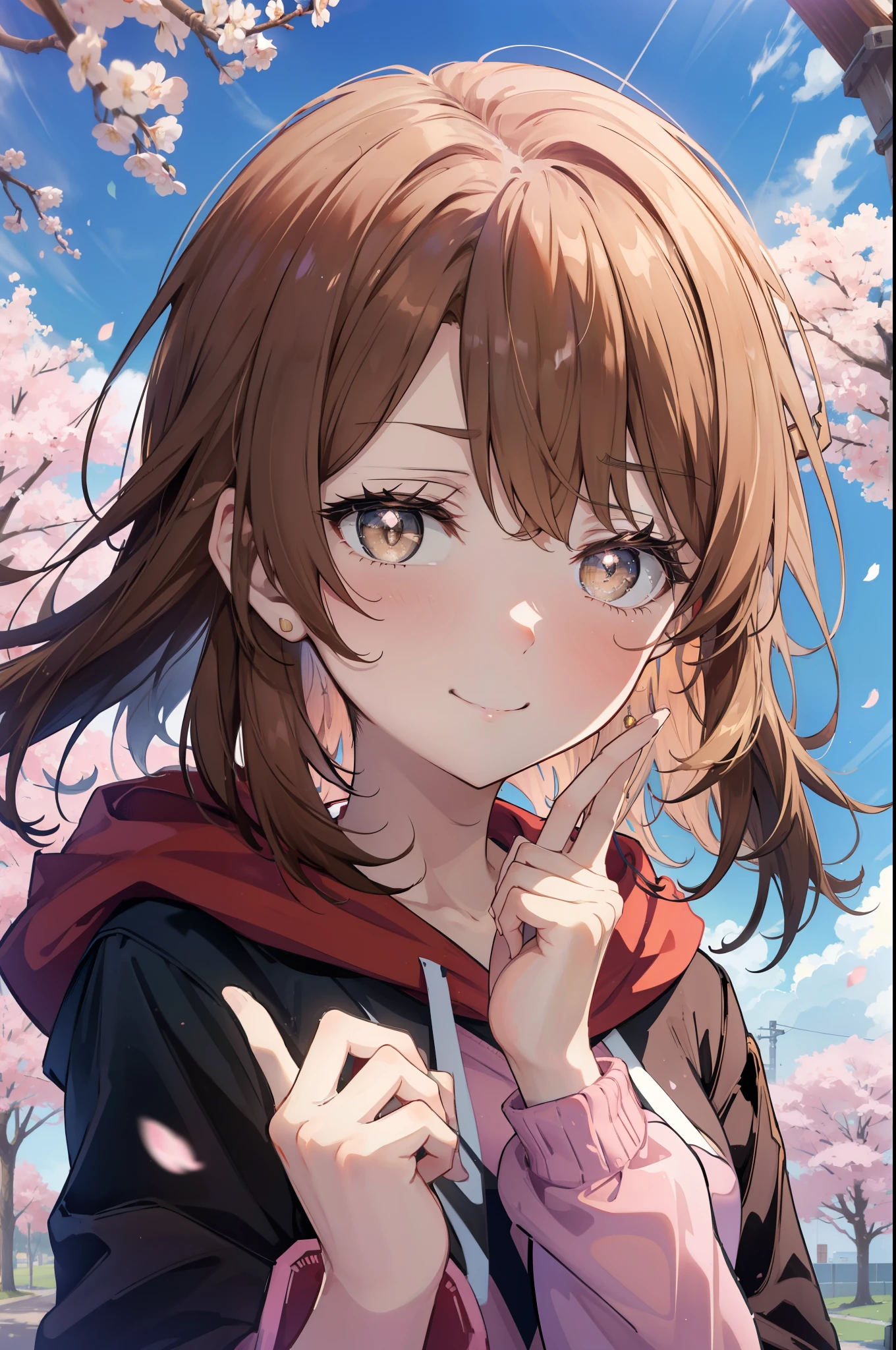 irohaisshiki, iroha isshiki, long hair, brown hair, (brown eyes:1.5), happy smile, smile, open your mouth,Put your hand over your mouth and make a peace sign, 1 girl,towards the camera,pink hoodie　hood up,short denim pants,black tights,short boots,standing alone&#39;my back to the wall、The cherry blossoms have bloomed,Cherry blossoms are scattered,
break indoors, Cherry blossom tree-lined path,
break looking at viewer,Upper body,
break (masterpiece:1.2), highest quality, High resolution, unity 8k wallpaper, (shape:0.8), (fine and beautiful eyes:1.6), highly detailed face, perfect lighting, Very detailed CG, (perfect hands, perfect anatomy),