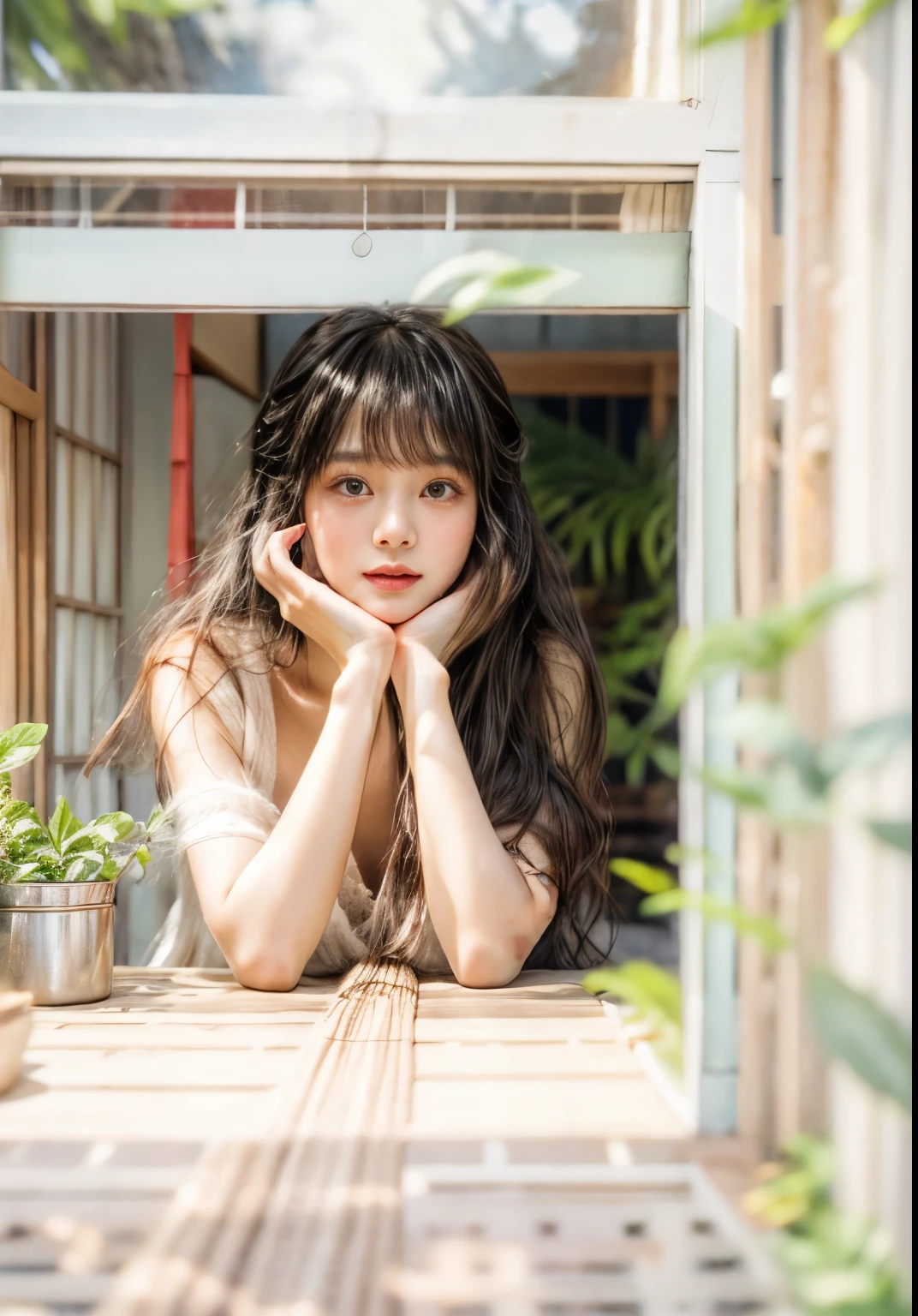 masterpiece、highest quality、cinema、(cute japanese woman、bangs:1.3)、23 years old、1 girl、elegant、black hair、(sunlight filtering through the foliage:1.1)、lace curtains