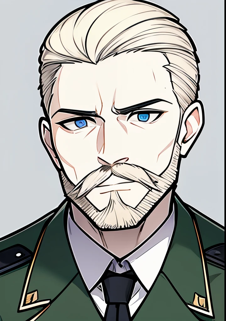 Young Adult male, white and tender skin, pale blonde slicked back combed short hair, kaisermustache, ducktail beard, steel blue eyes, green and slightly mature, serious and emotionless facial expression,wearing world war 2 era german fatigues, portrait style, facing forwards